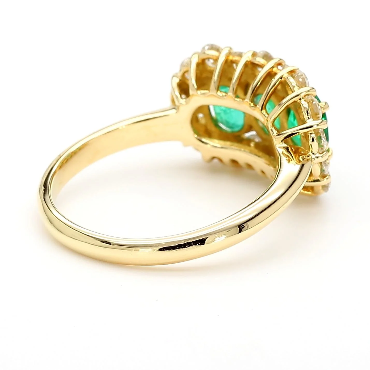 1.22 Carat Emerald & Diamond 18K Gold Halo Three Stone Band Ring - Image 5