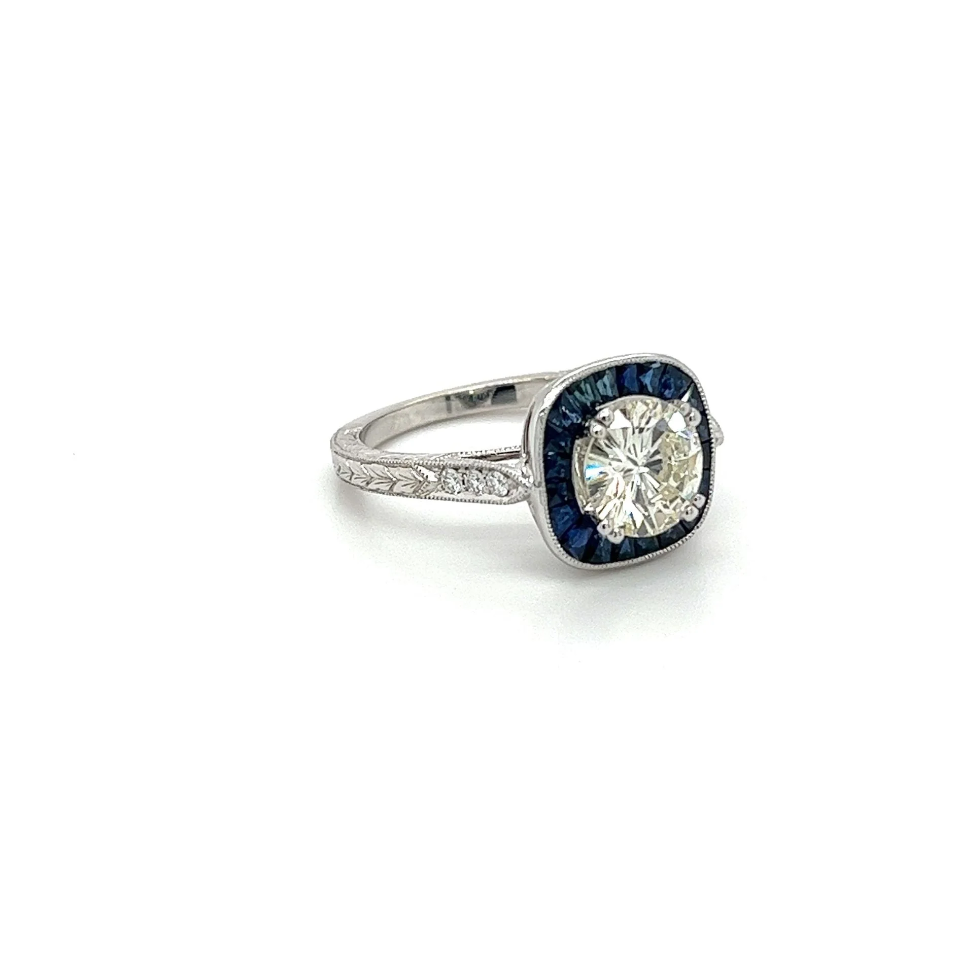 Natural 1.40 Carat Round Cut Diamond With Blue Sapphire Halo in Filigree Art Deco Ring Setting - Image 2