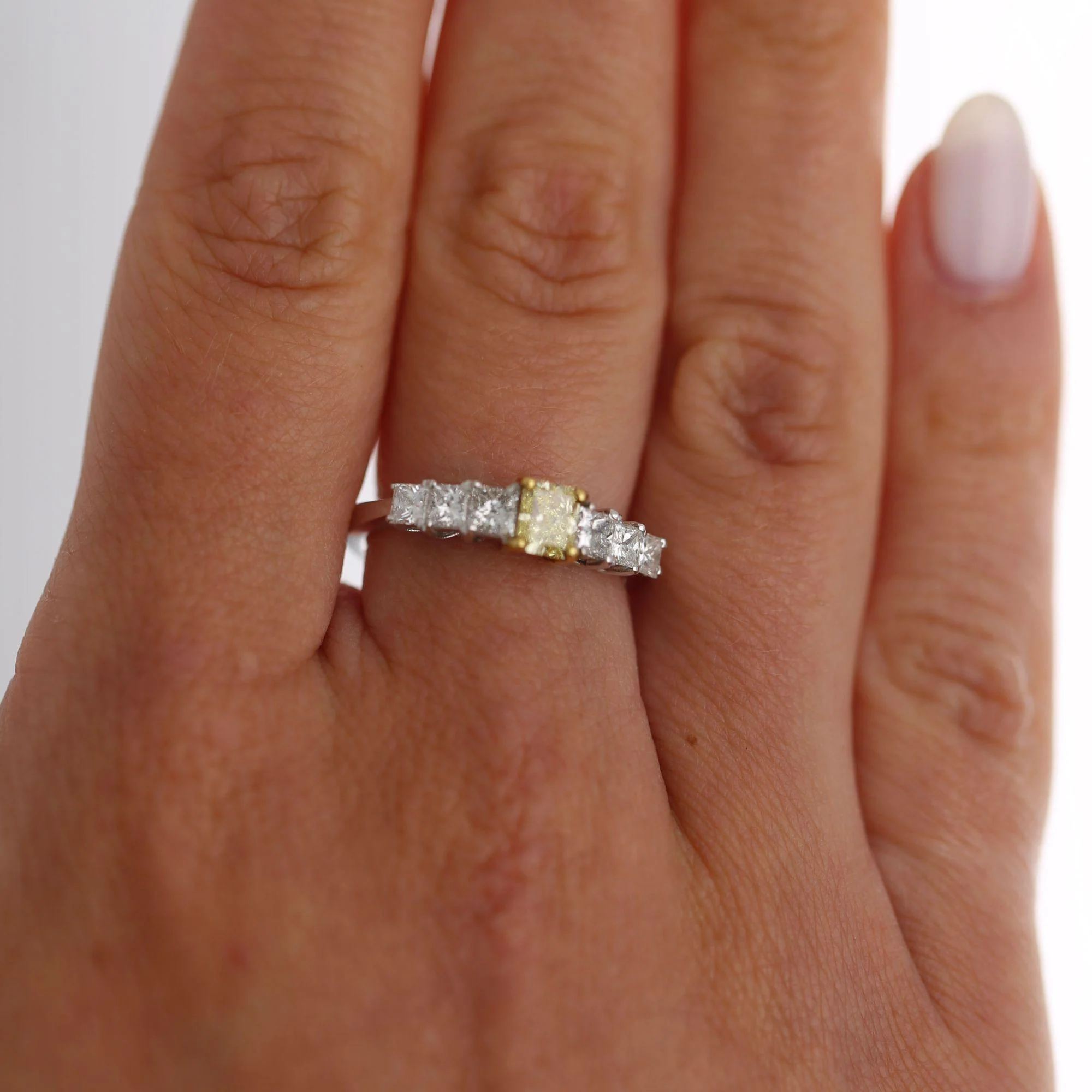 1.41 Carat Fancy Yellow Radiant & White Princess Diamond Illusion Band Ring - Image 5