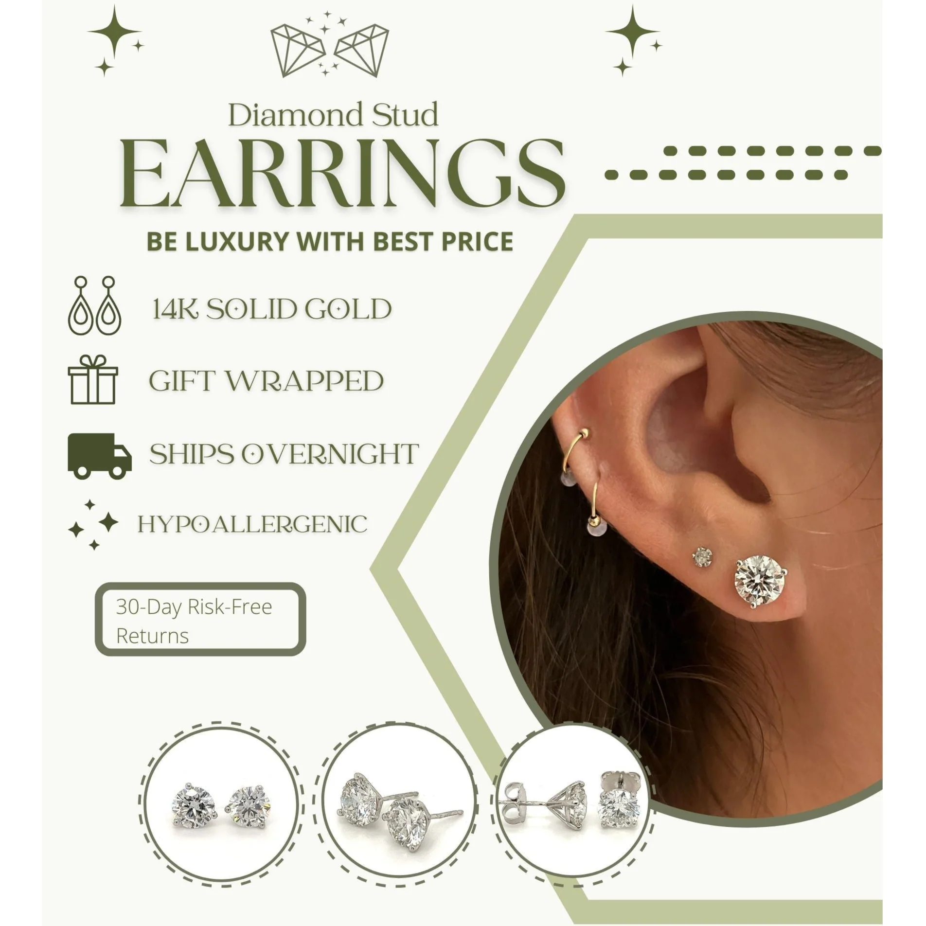 1-6 carat Martini 3-Prong Lab Grown Diamond Stud Earrings - Image 7