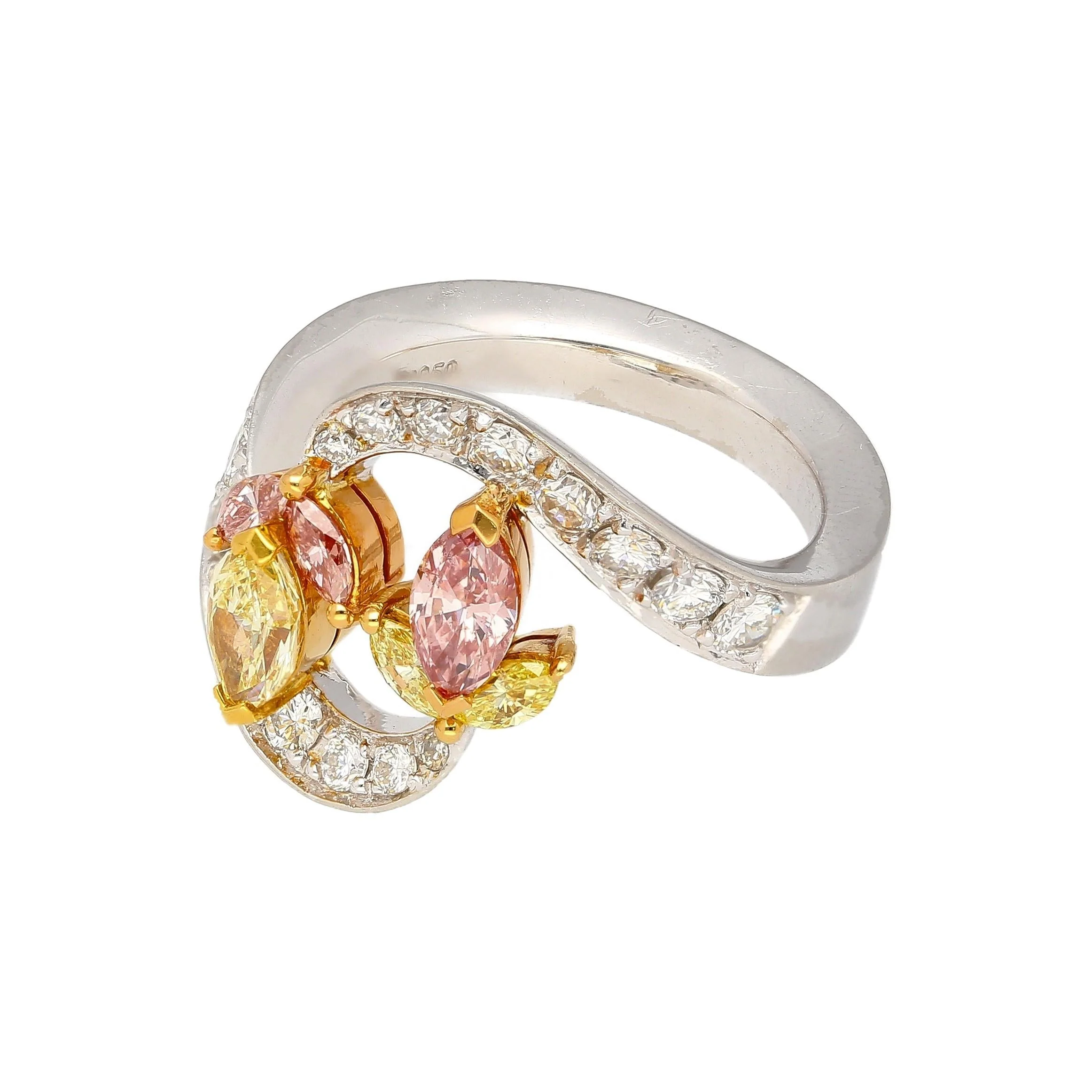 1.75 Carat Pink & Yellow Marquise Diamond Platinum & 18K Gold Bypass Ring - Image 3