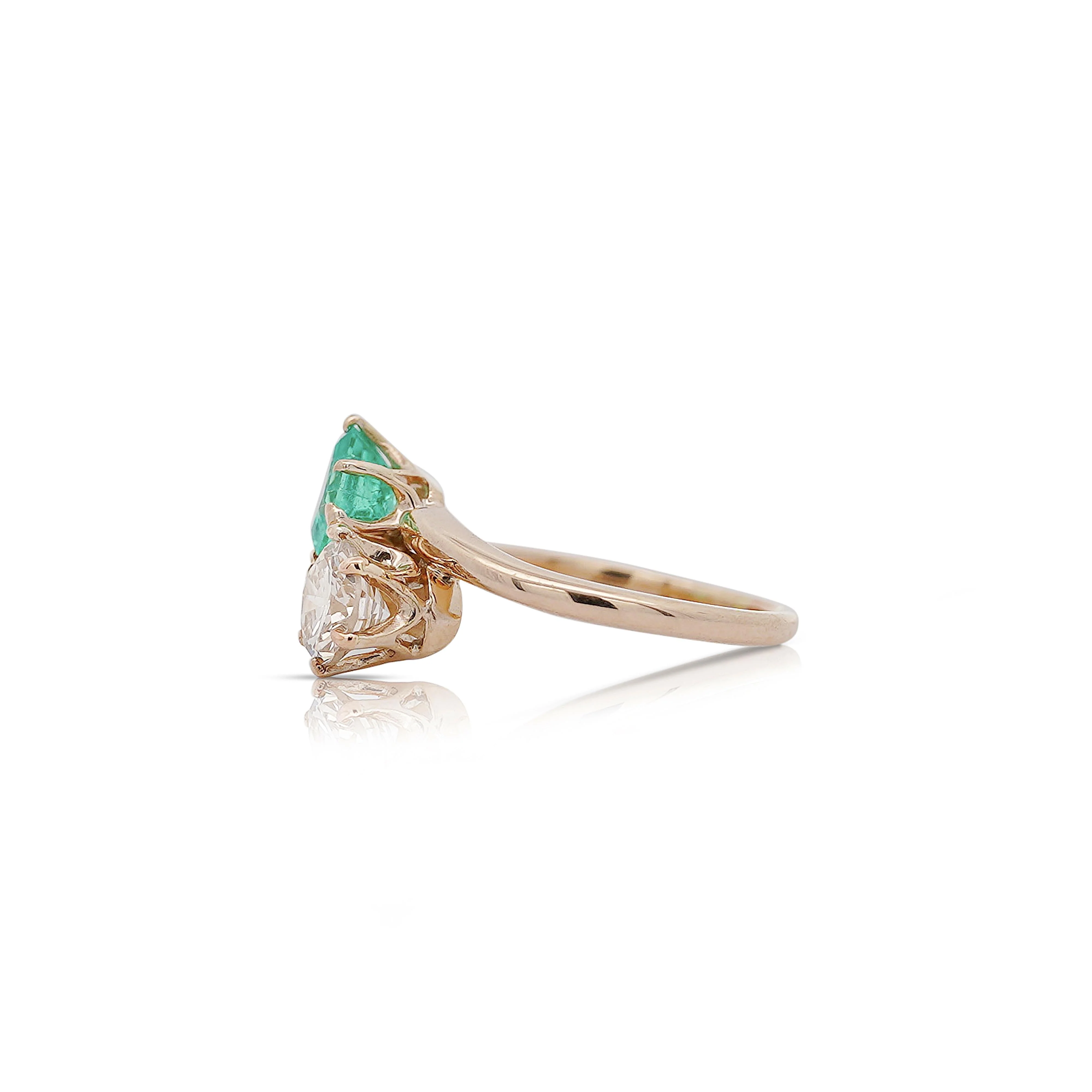 1.84 Carat Square Emerald & Round Diamond 18K Gold Toi et Moi Bypass Ring - Image 6