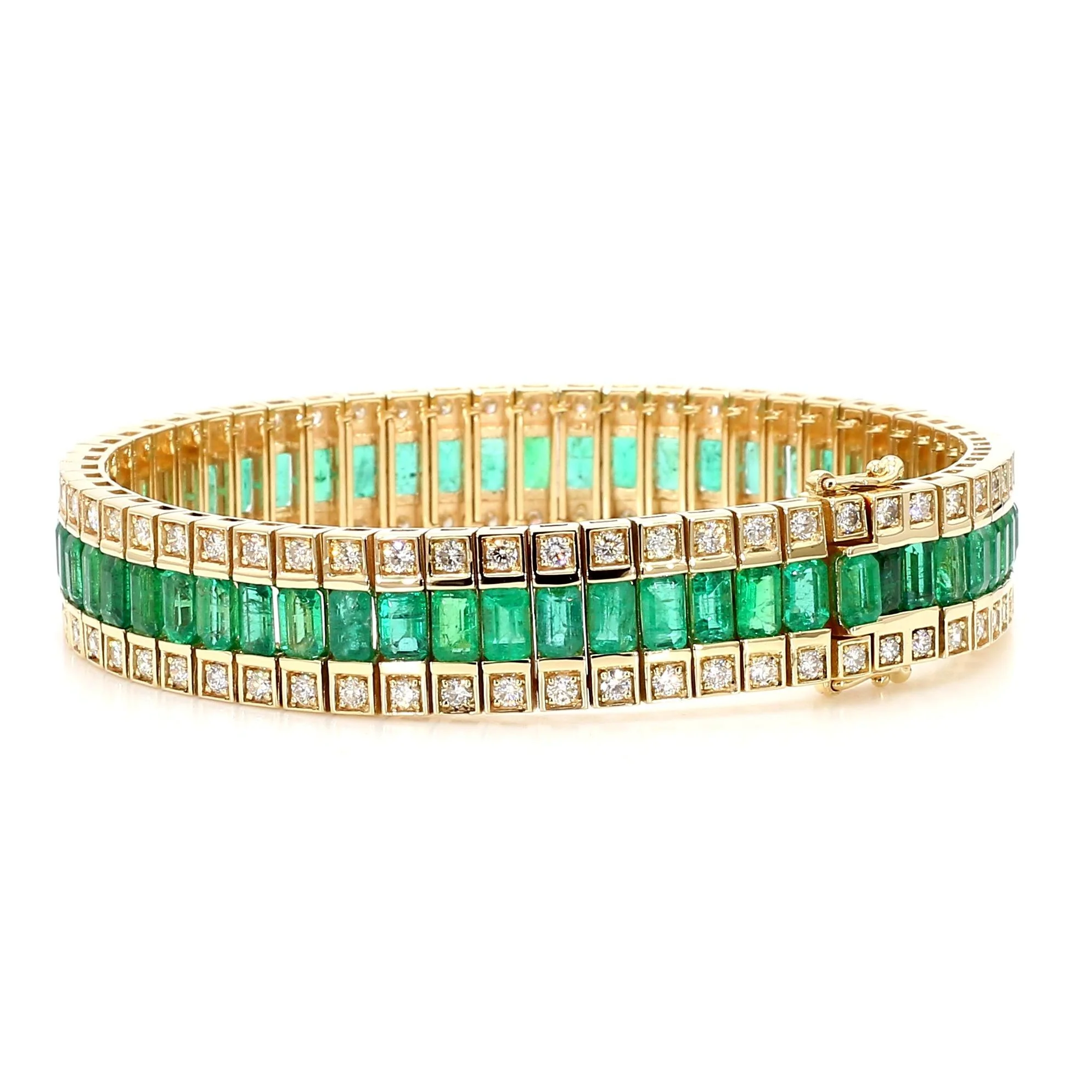 10.18 Carat Emerald and Diamond Baguette 14K Gold Three Row Bracelet - Image 6