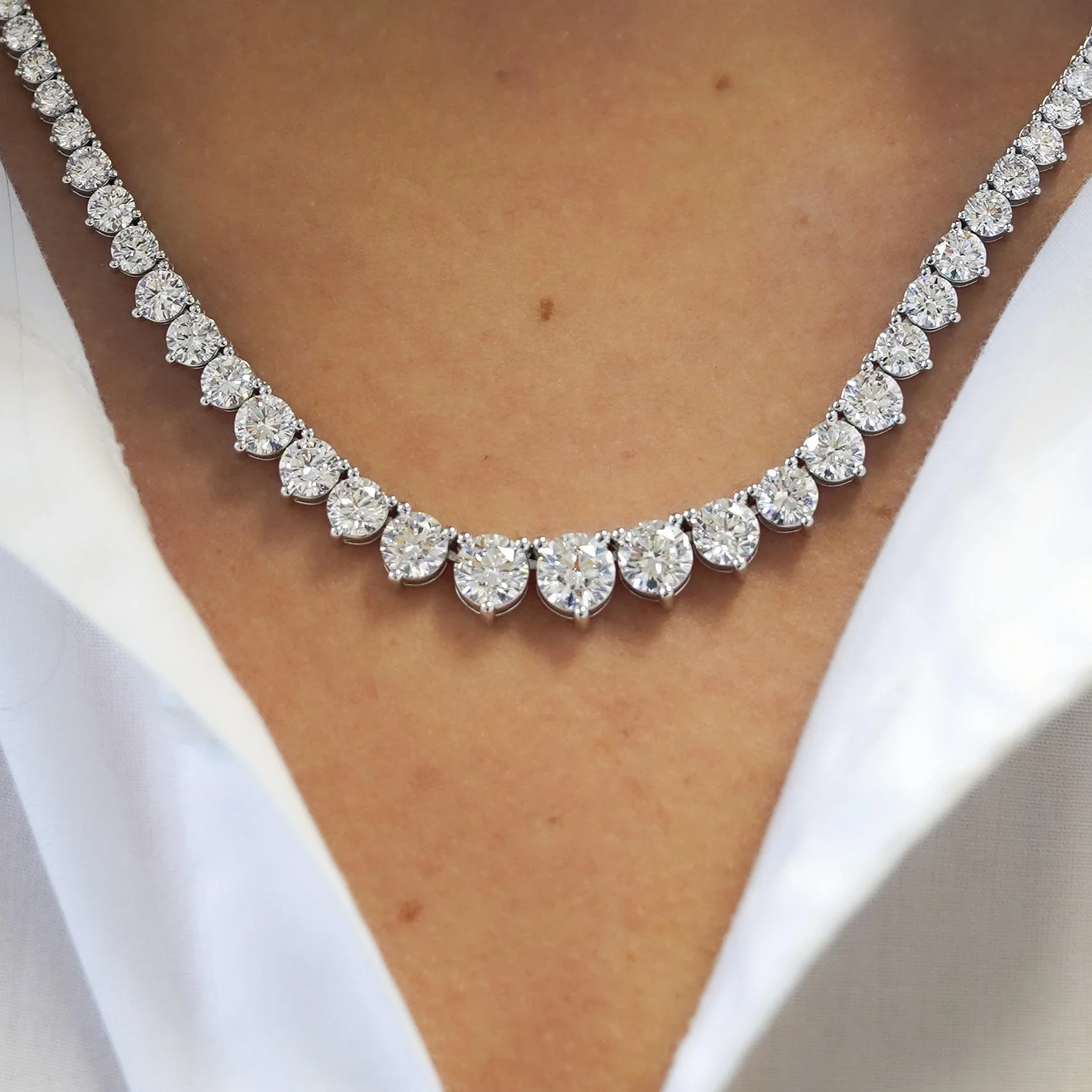 10-30 Carat Total Diamond 14K White Gold Graduating Riviera Tennis Necklace - Image 12