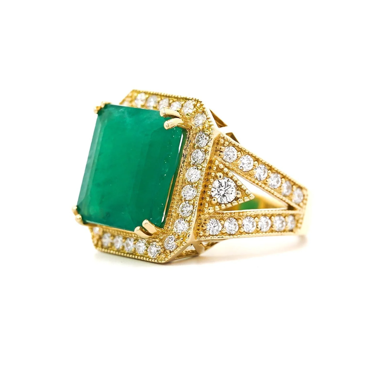10 Carat Colombian Emerald & Diamond Halo Split Shank in 18K Gold Statement Ring - Image 5