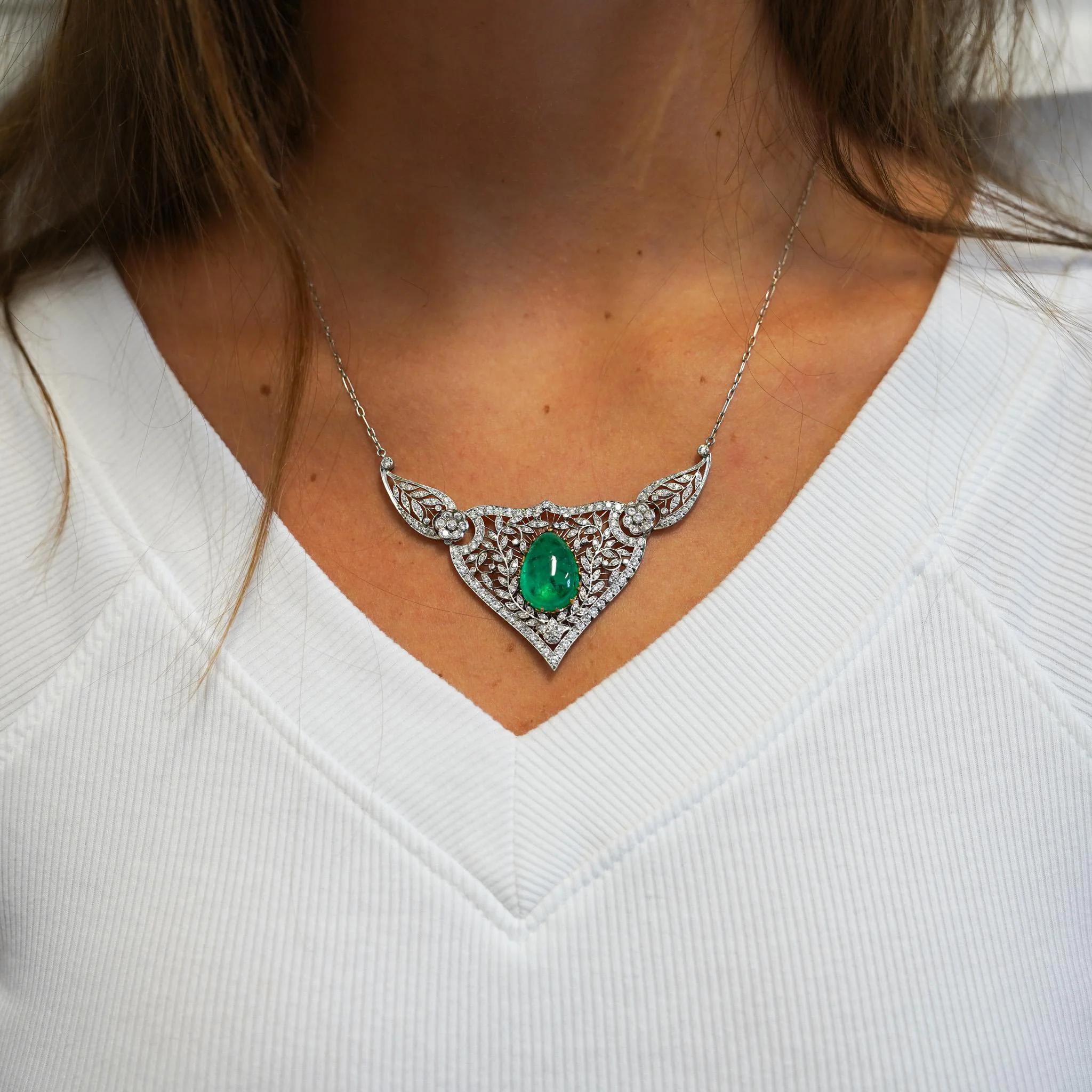 11ct Cabochon Drop Emerald Diamond Floral Platinum Necklace - Image 2