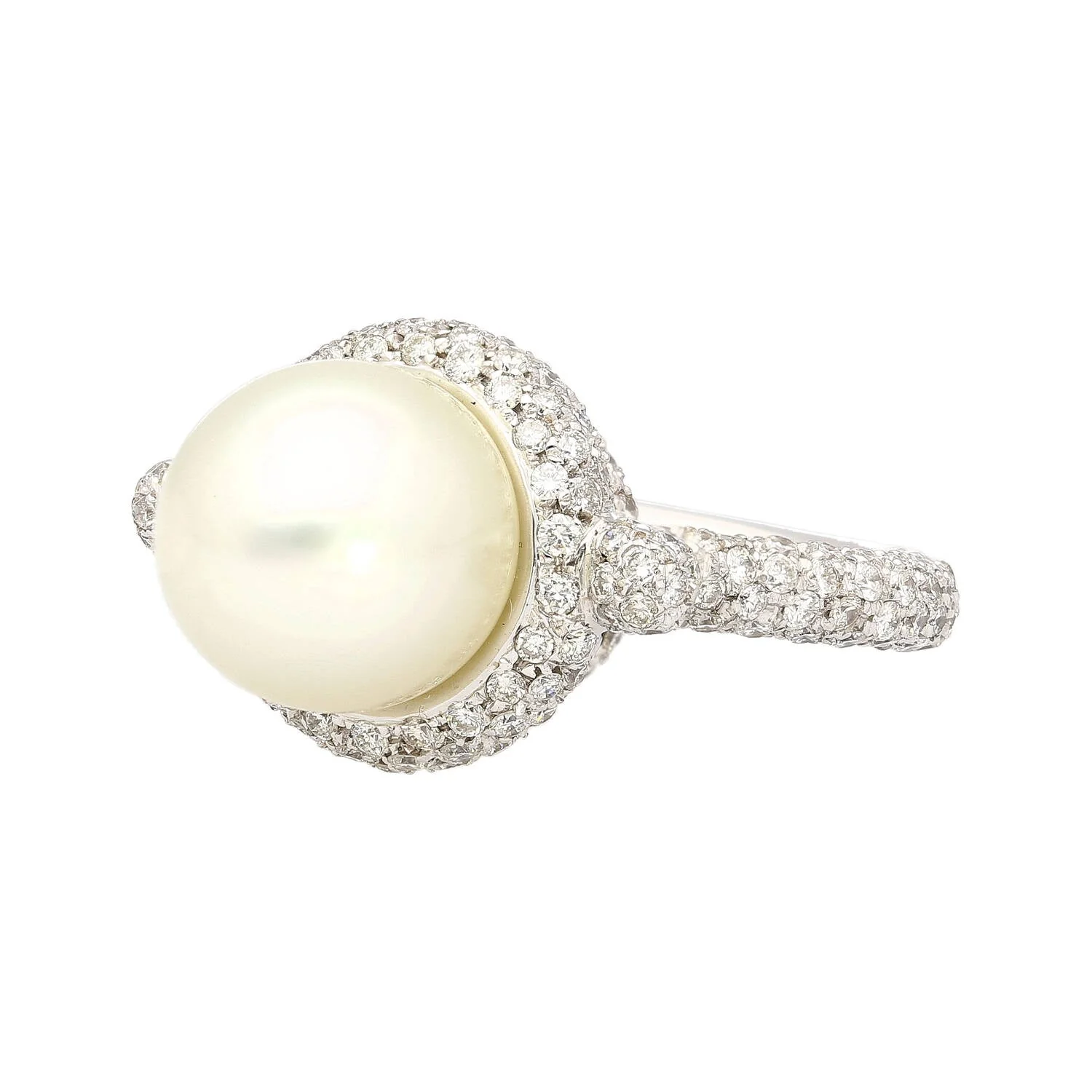 12.3MM SouthSea White Pearl and Round Cut Pave Diamond Ring in 18k White Gold - Image 3