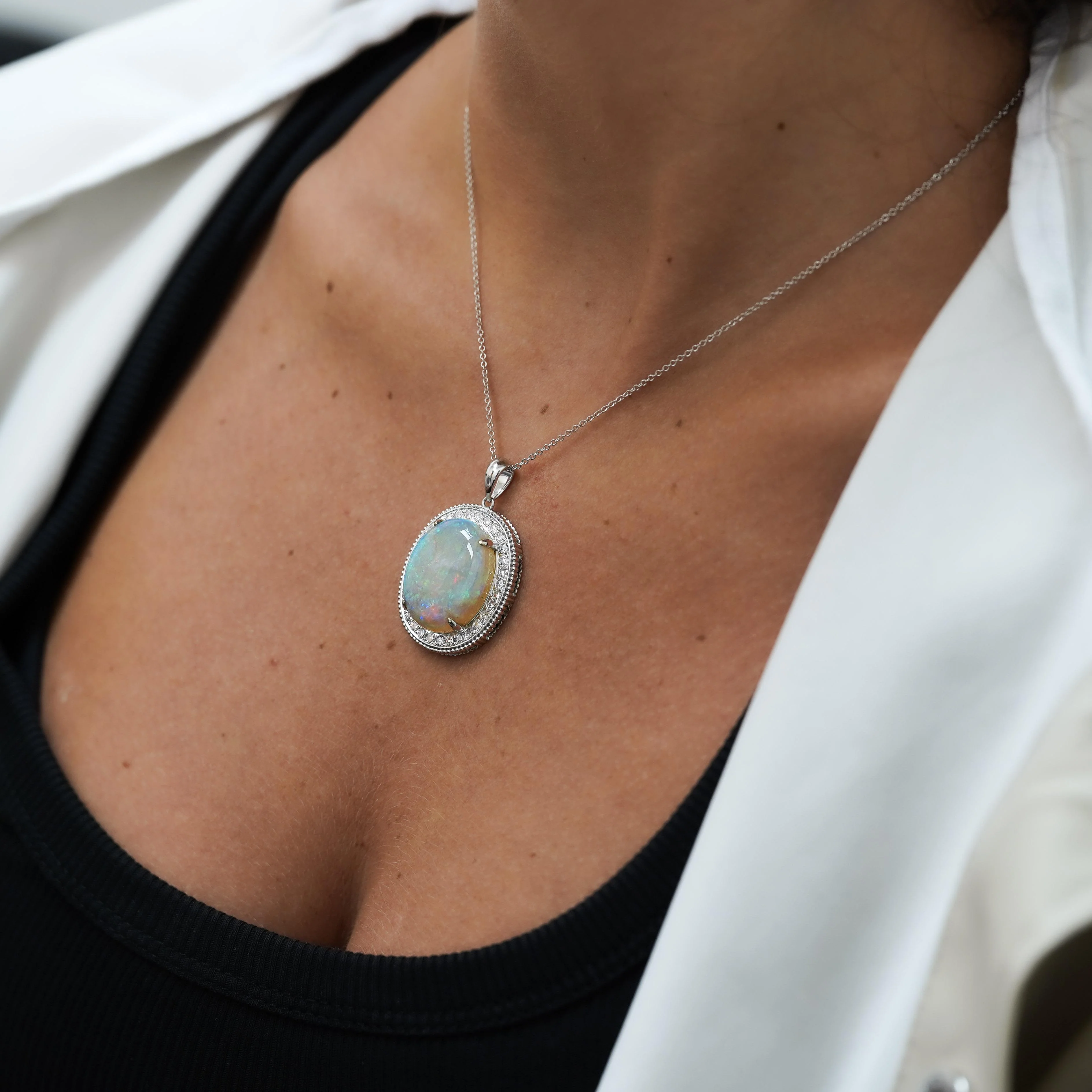 17.59 Carat White Opal & Diamond Halo Milgrain 18K White Gold Vintage Pendant - Image 9