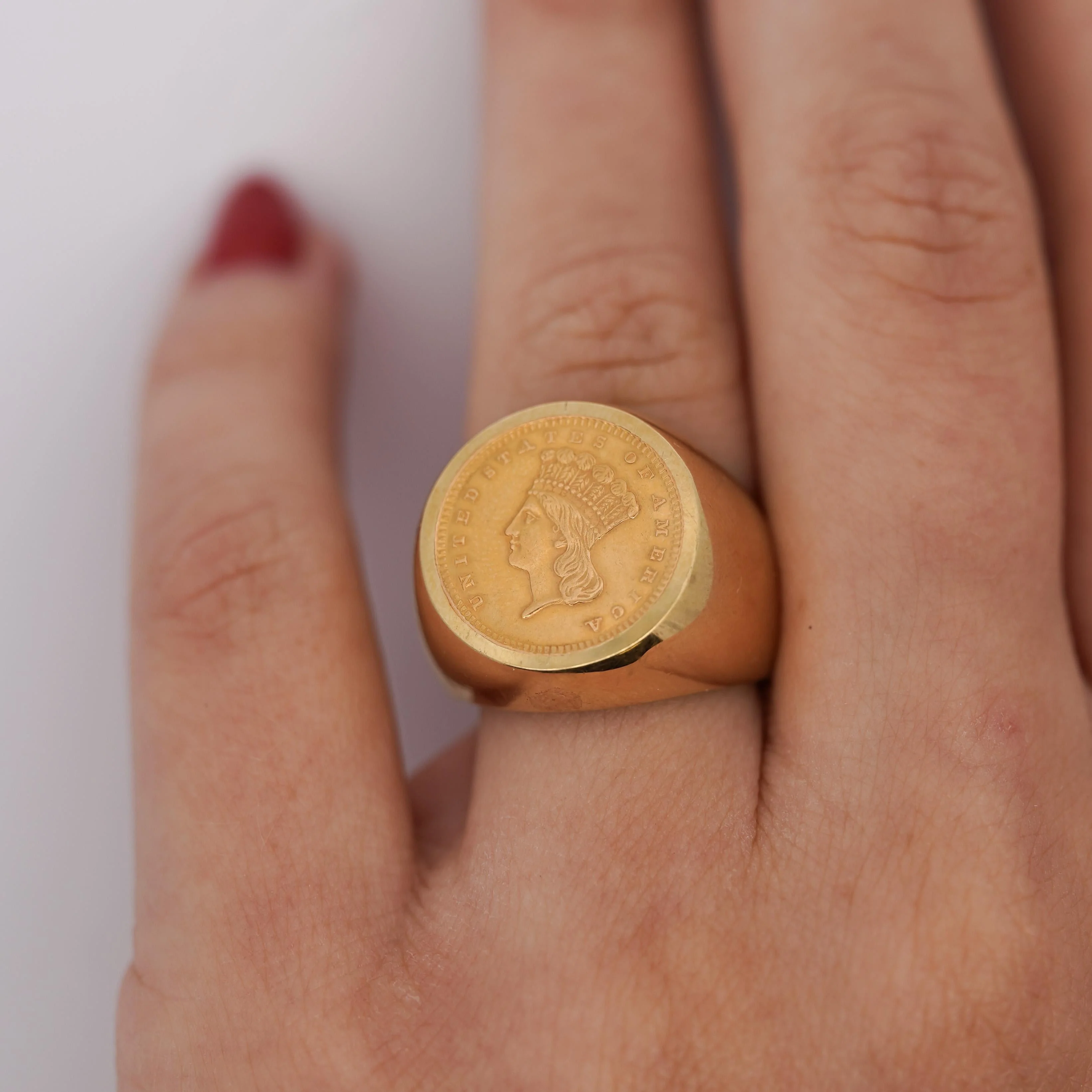 1856 Lady Liberty 1 Dollar Coin in 10K Gold Bezel Unisex Signet Ring - Image 6