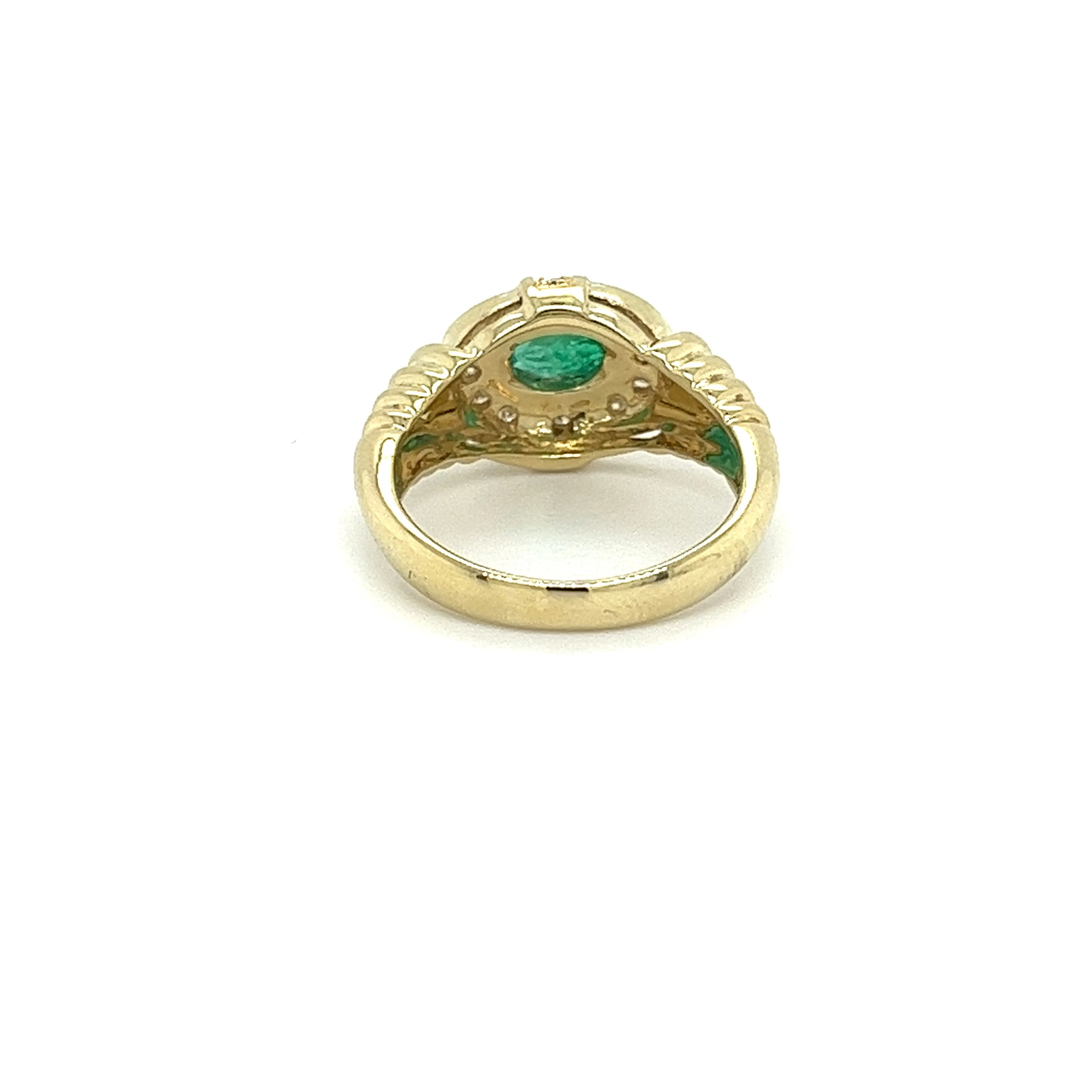 18K Solid Gold Oval Cut Natural Emerald Ring in Textured Ribbed Gold & Diamond Halo - Image 4