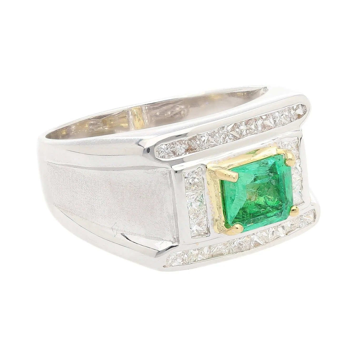 18K White Gold Emerald & Princess Cut Diamond Men's Ring - Image 5