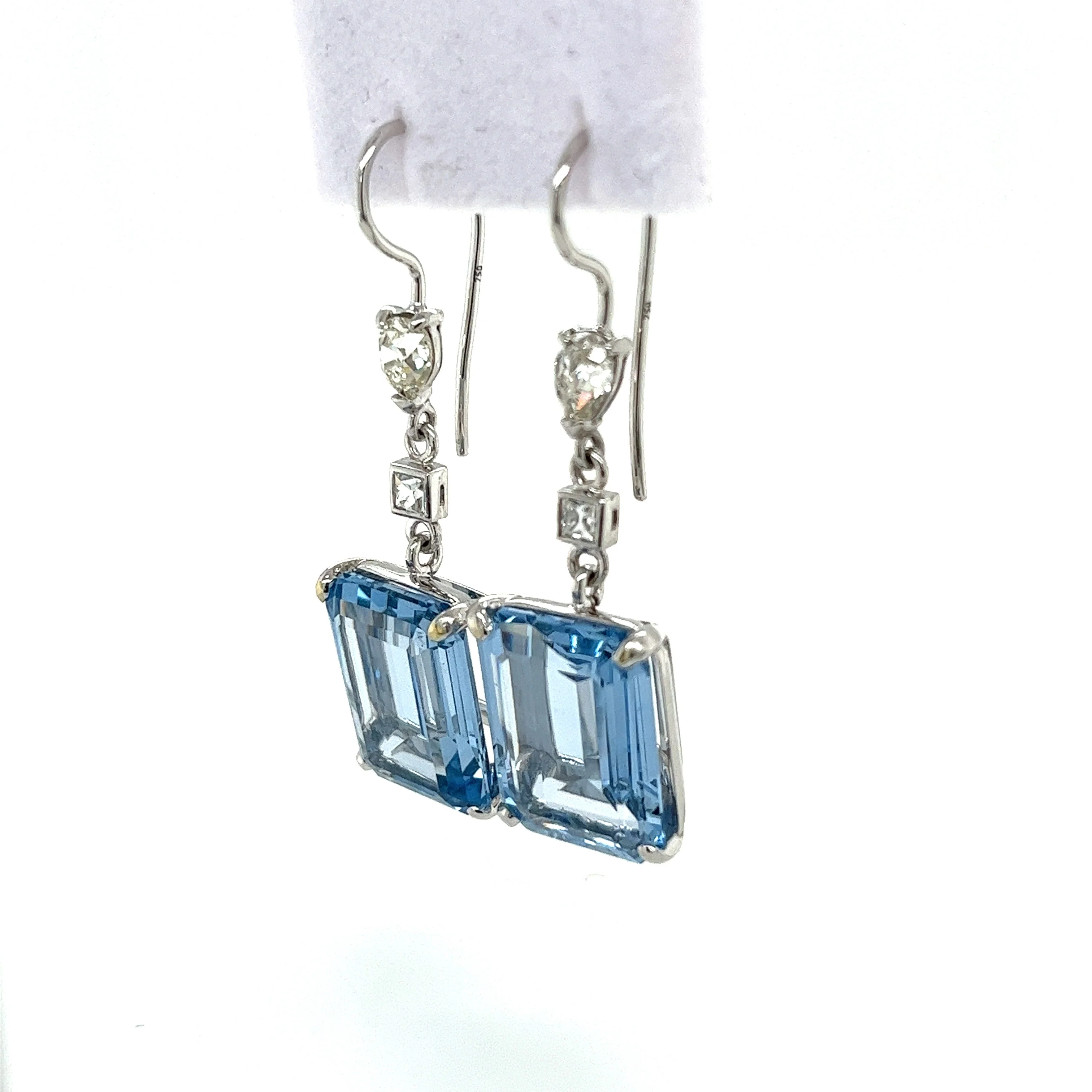 18K White Gold Emerald Cut Spinel & Diamond Drop Earrings - Image 5