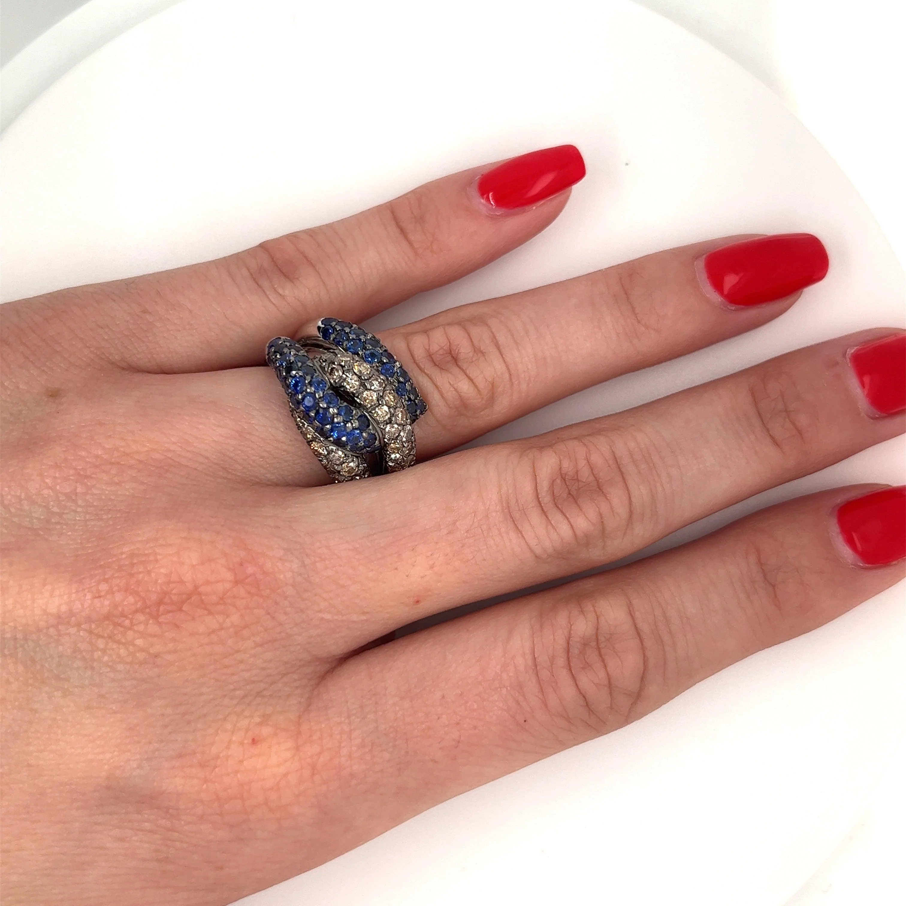 18K White Gold Natural Round Blue Sapphire and Brown Diamond 4 Row Pave Cluster Ring - Image 5