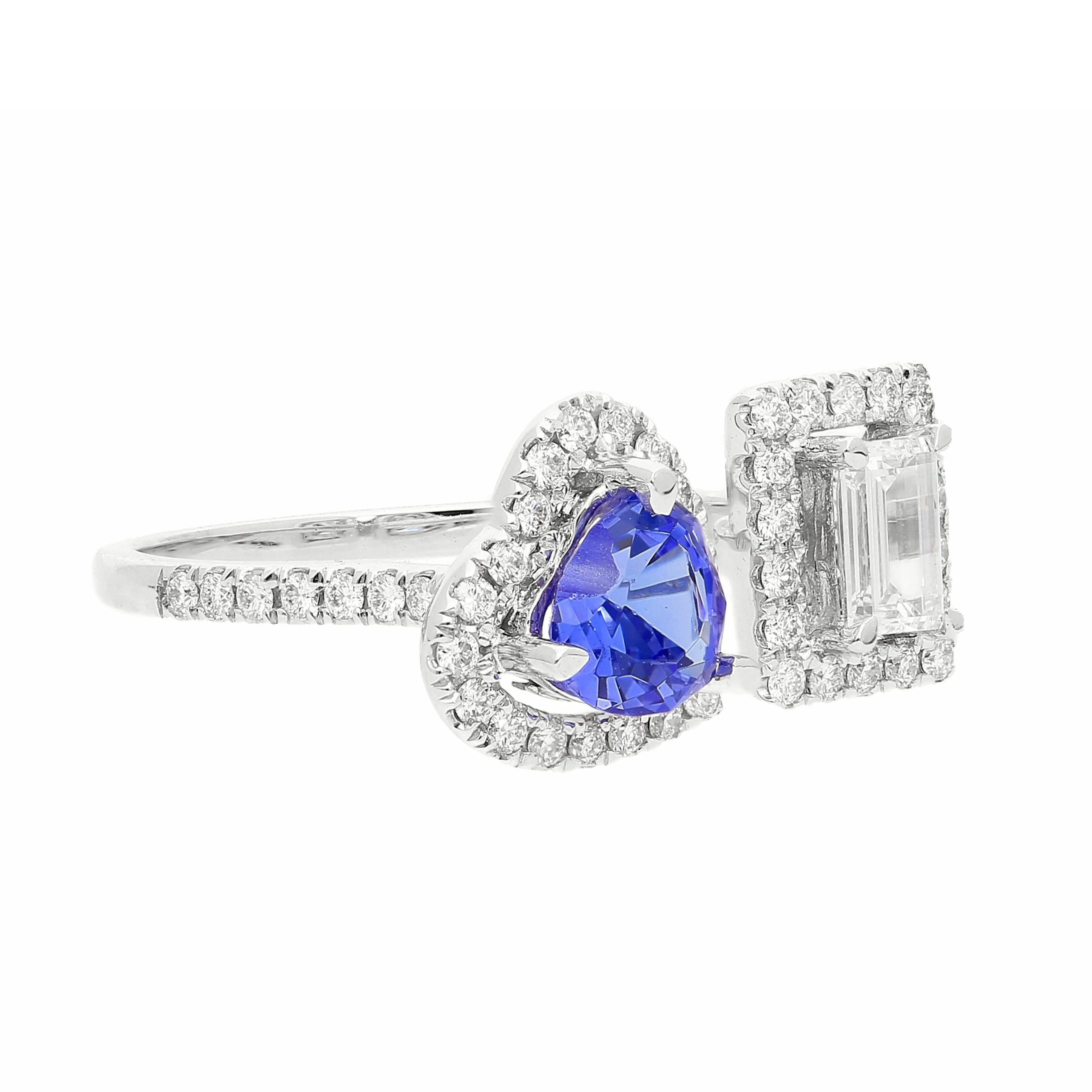 18k White gold Toi et Moi Ring with Natural Emerald cut Diamond and Heart Shape Tanzanite - Image 2