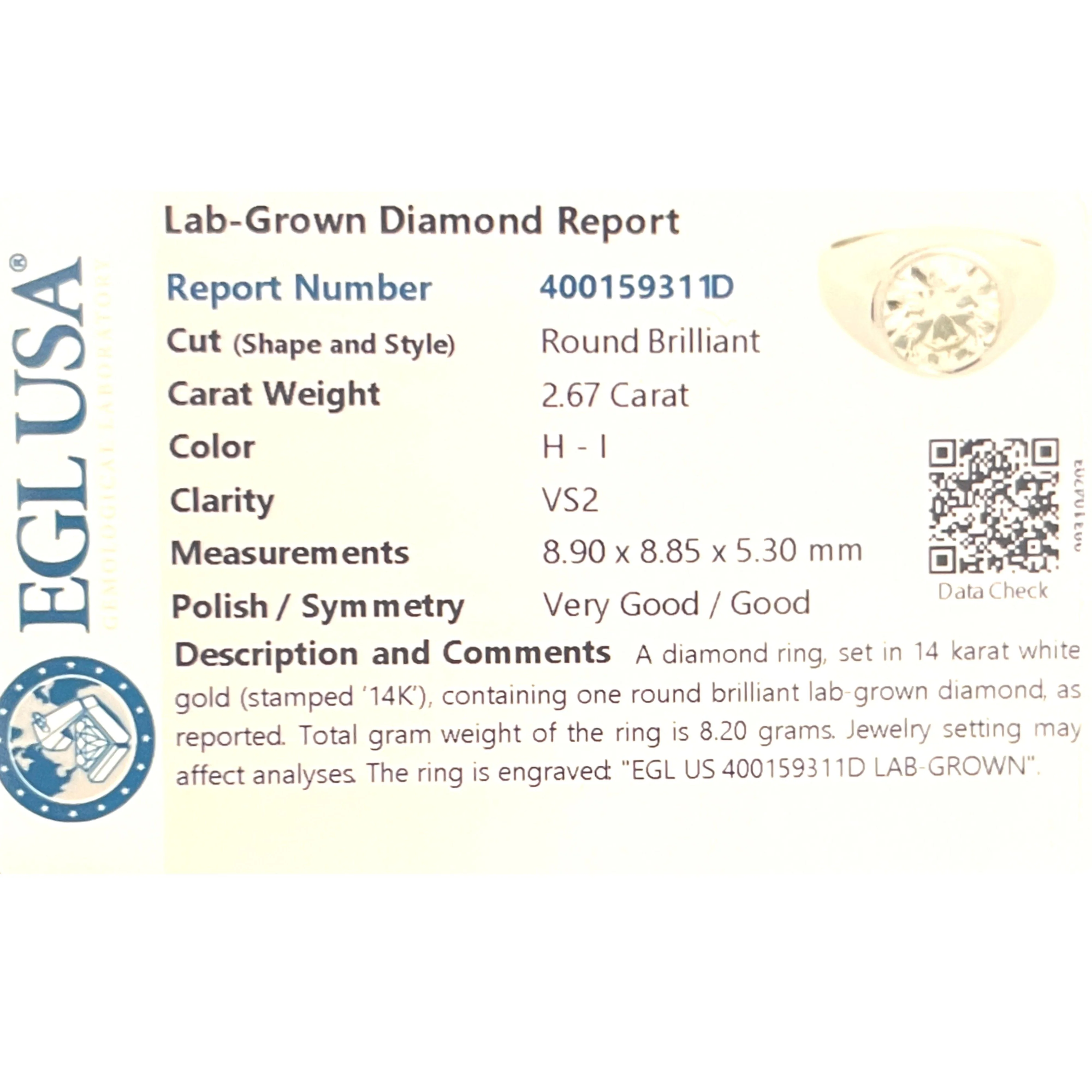 2.6 Carat Round Cut Lab Grown Diamond in 14K White Gold Bezel Set Mens Solitaire Ring - Image 6
