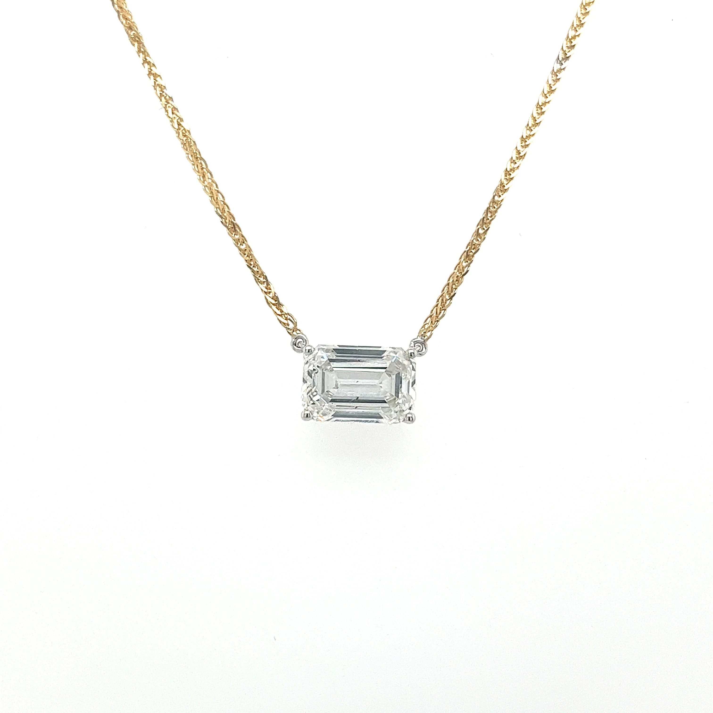 2 Carat Emerald Cut Lab Grown Diamond Connected Floating Necklace in 18K Yellow & White Gold 2-Tone Setting