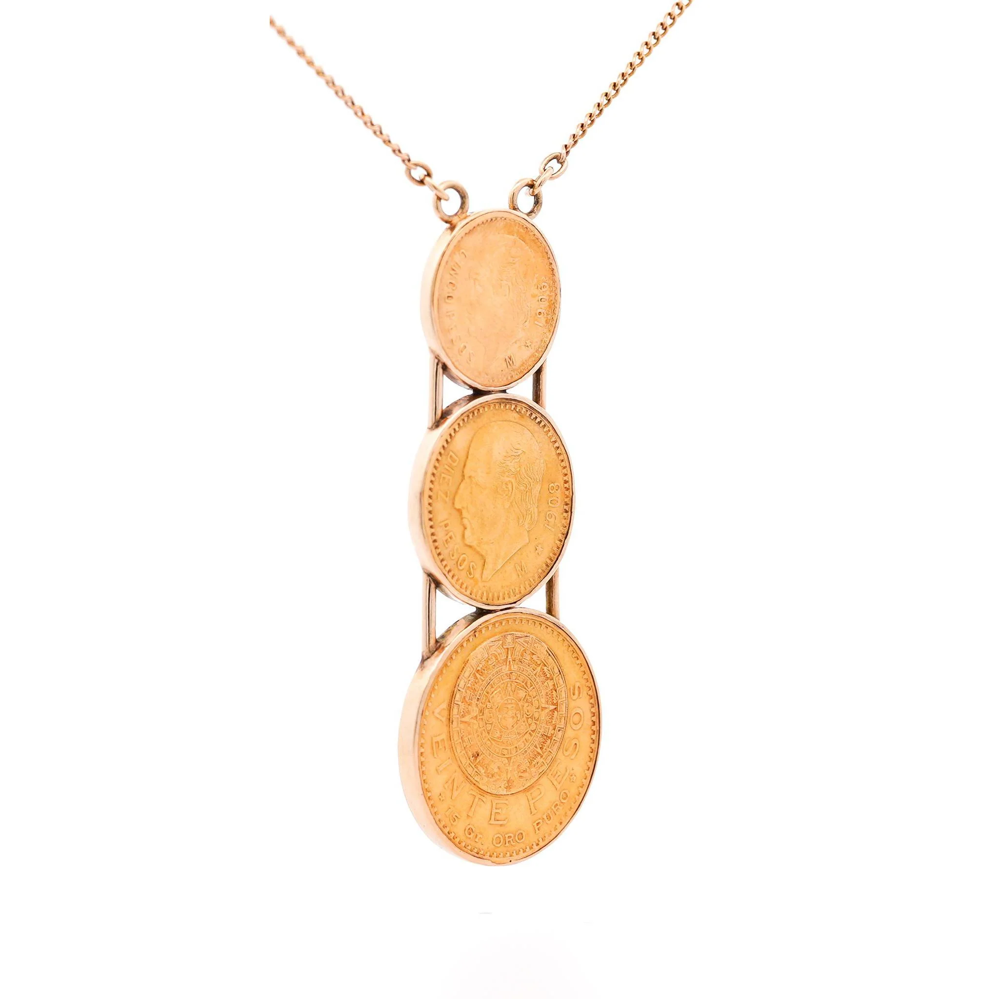 22k Gold USA Peso Coin Bezel Graduating Pendant Necklace - 20, 10, 5 Peso - Image 5