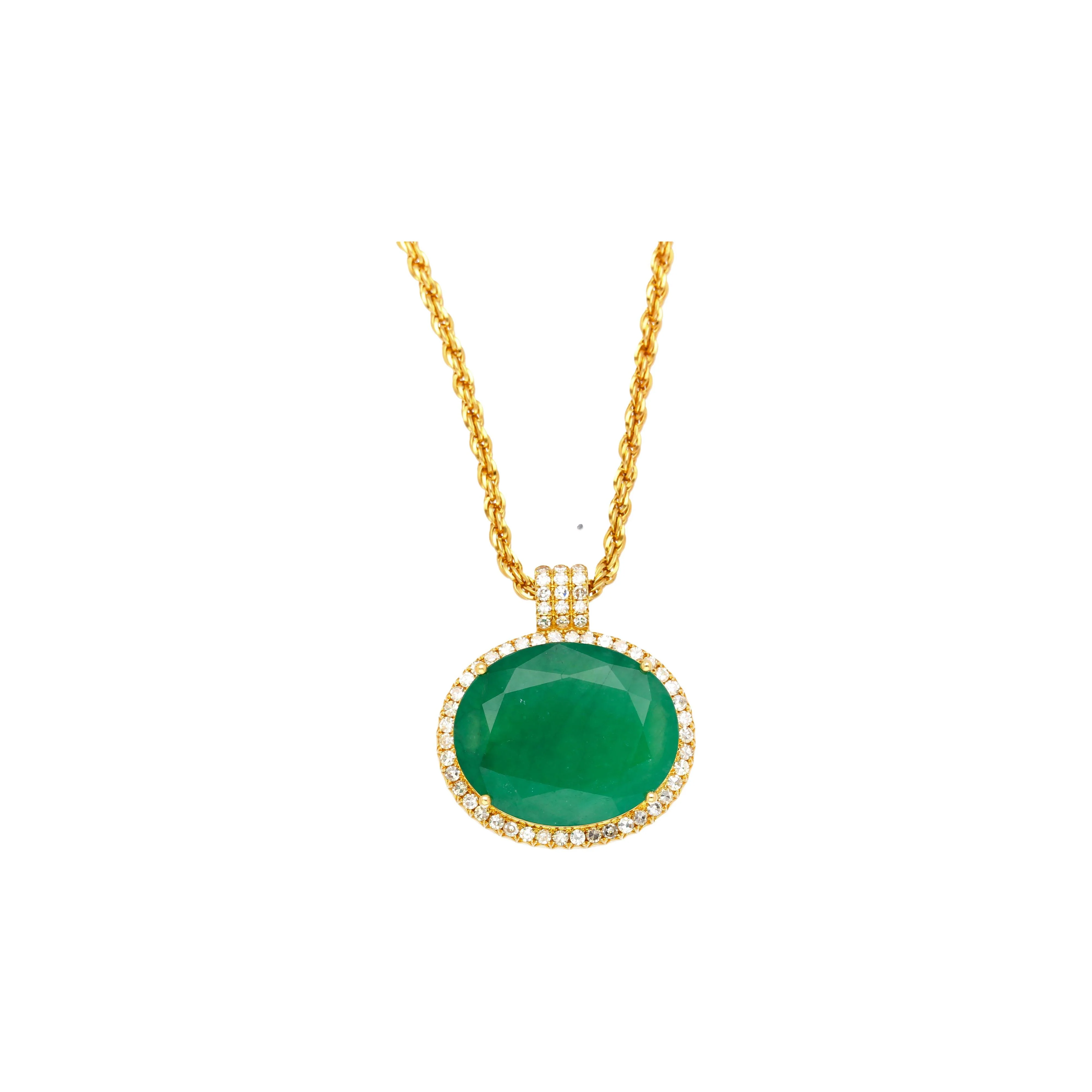 28.56 Carat Oval Cut Emerald & Diamond Halo 18K Gold Pendant Necklace - Image 5