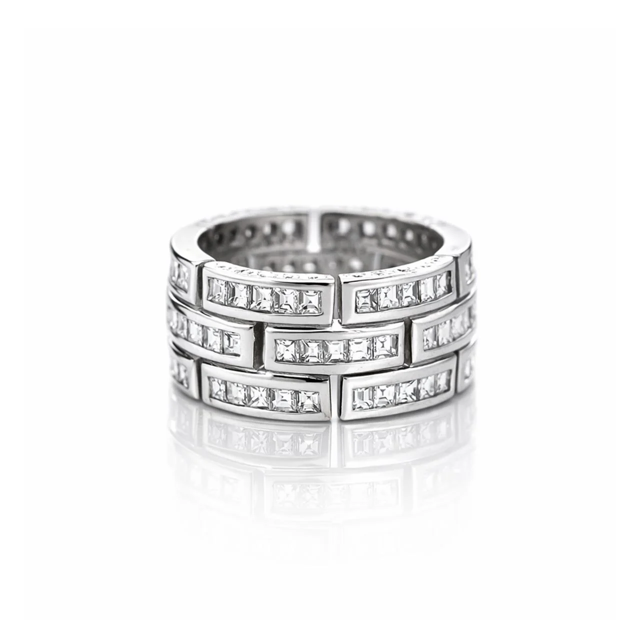 3.25 Carat Carre Square Diamond 18K White Gold 3 Row Brick Pattern Band Ring - Image 10