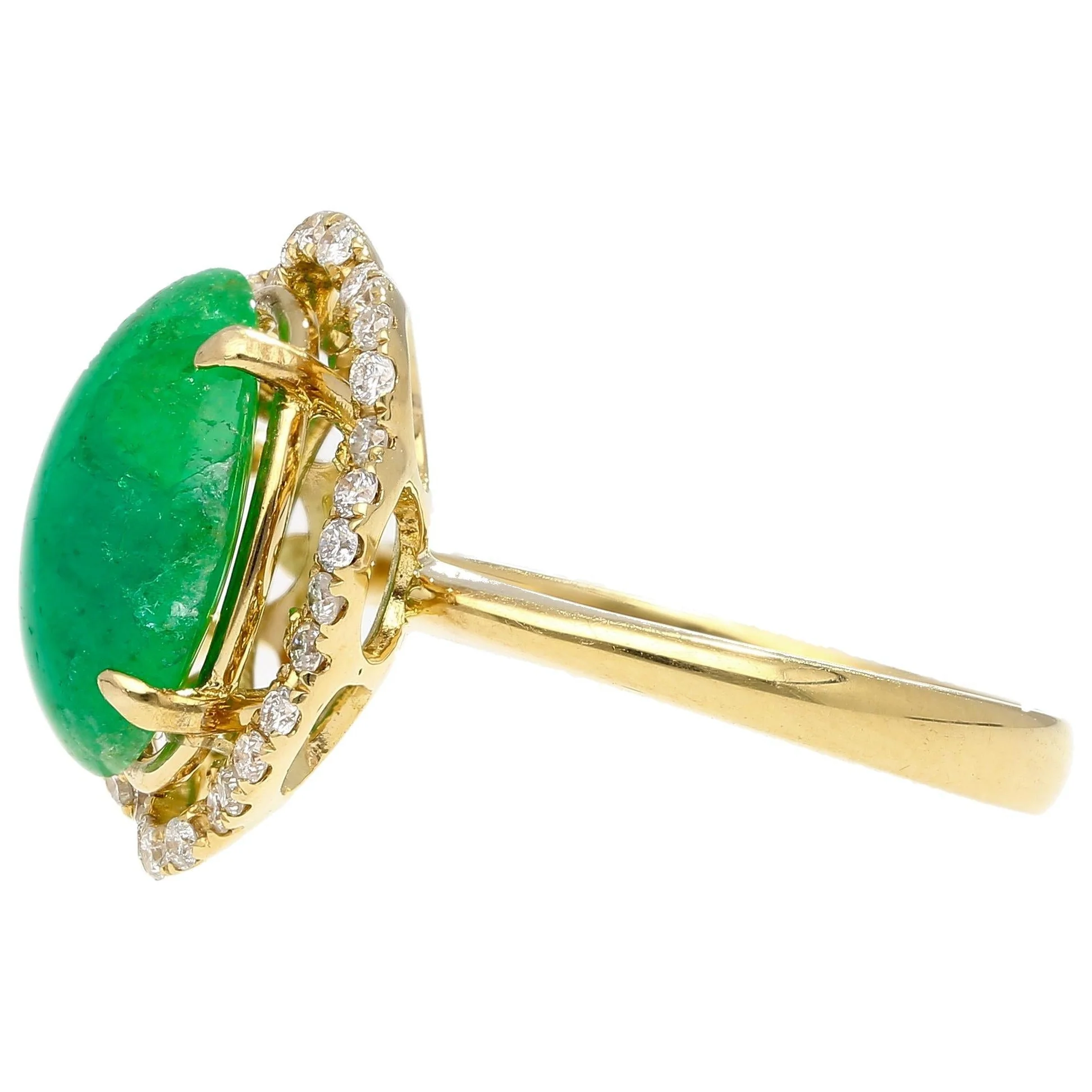 3.6 Carat Cabochon Emerald and Diamond Flower Halo 18K Gold Ring - Image 6