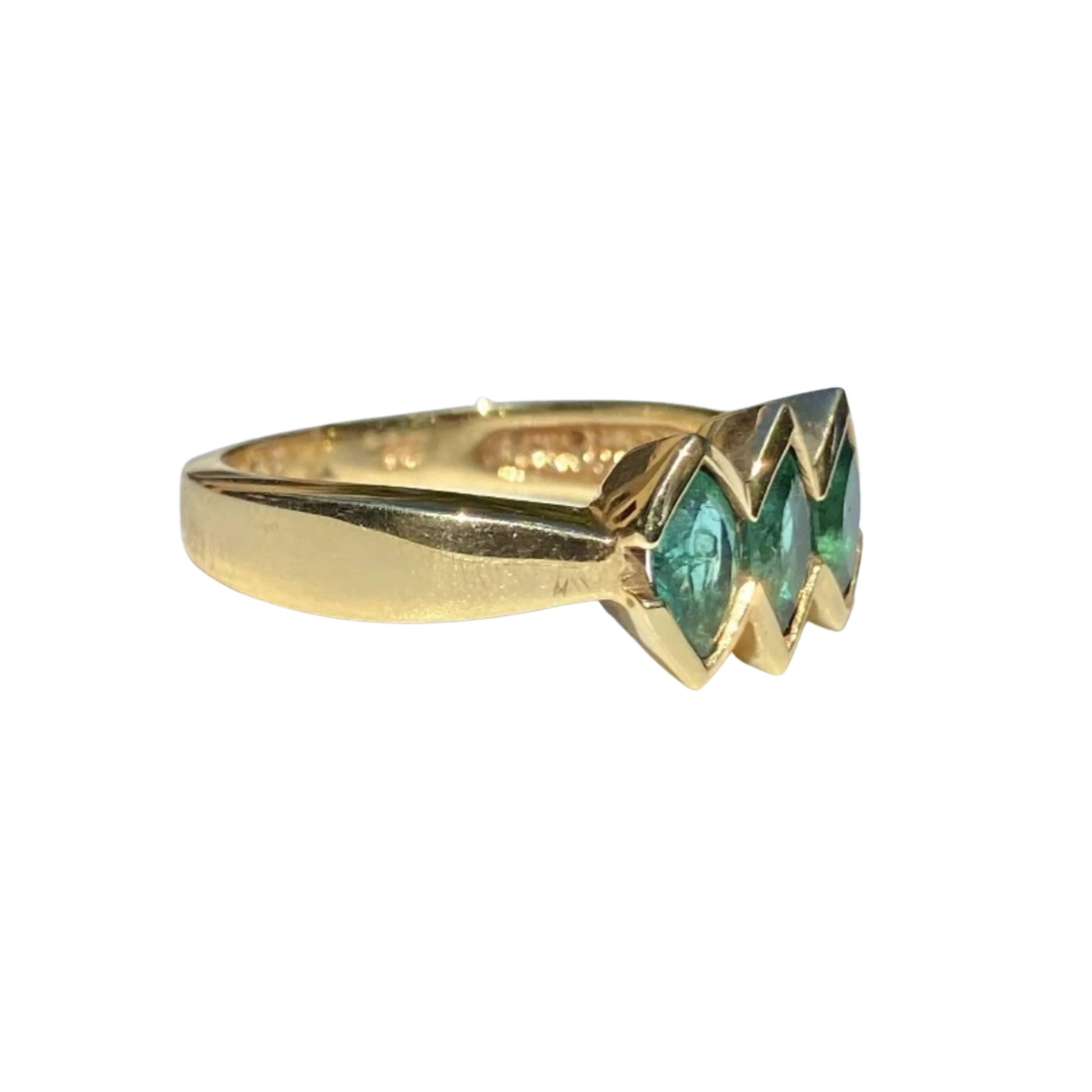 3-Stone Marquise Cut Emerald in 14k Solid Yellow Gold Ring - Image 2
