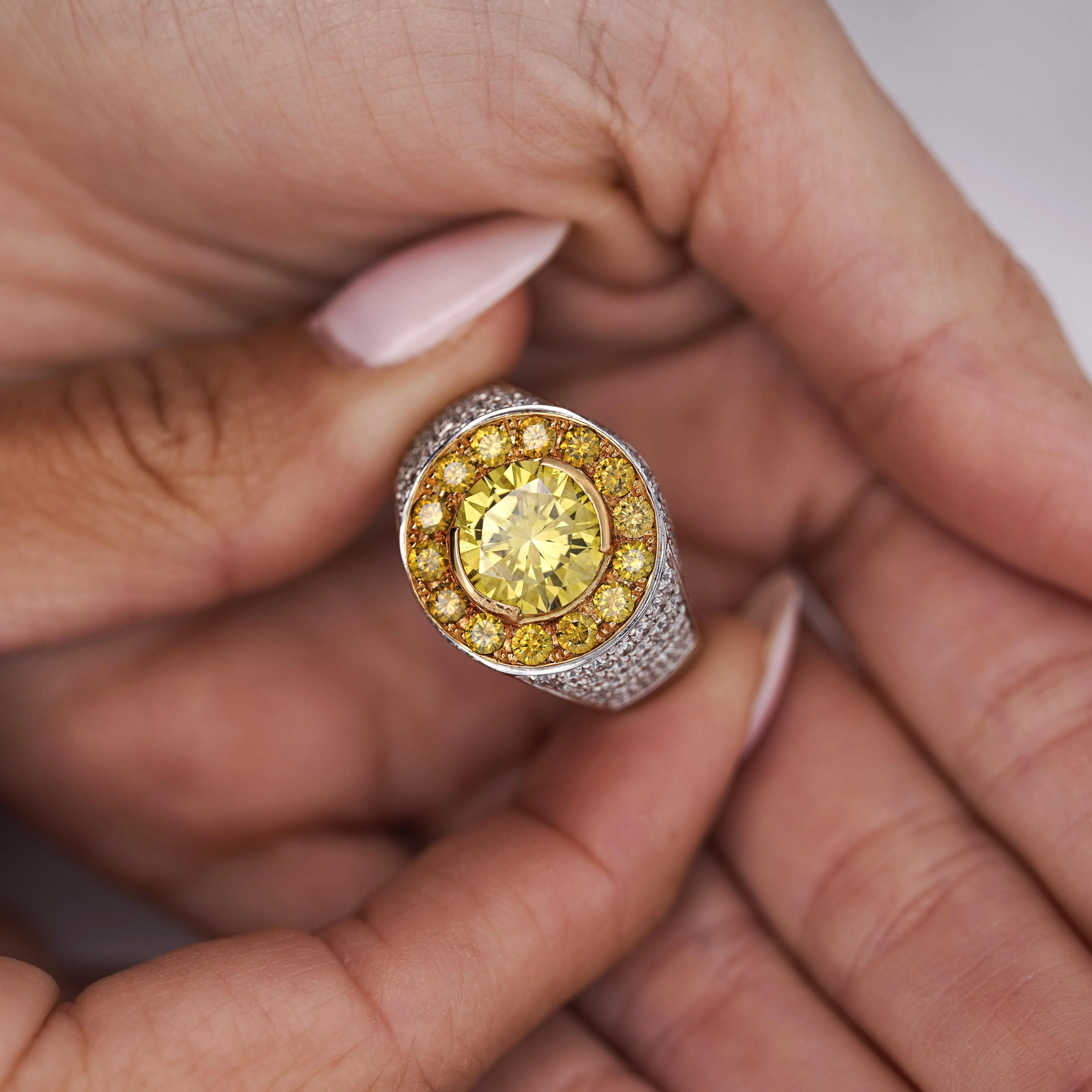 4.44 Carat Round Cut Yellow Diamond 18K Gold Halo Mens Ring - Image 9