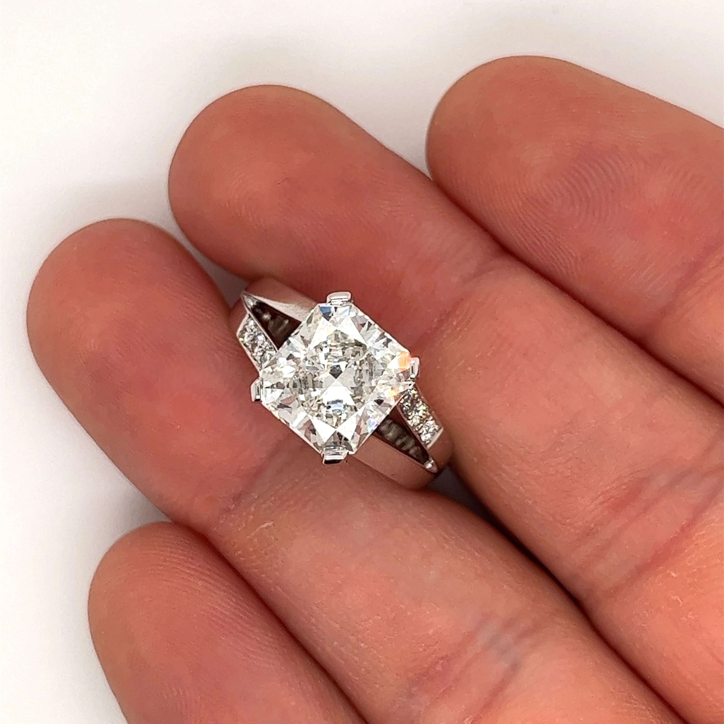4.11 Carat Radiant Cut Lab Grown Diamond in Split-Shank Diamond Side Stone Ring - Image 6