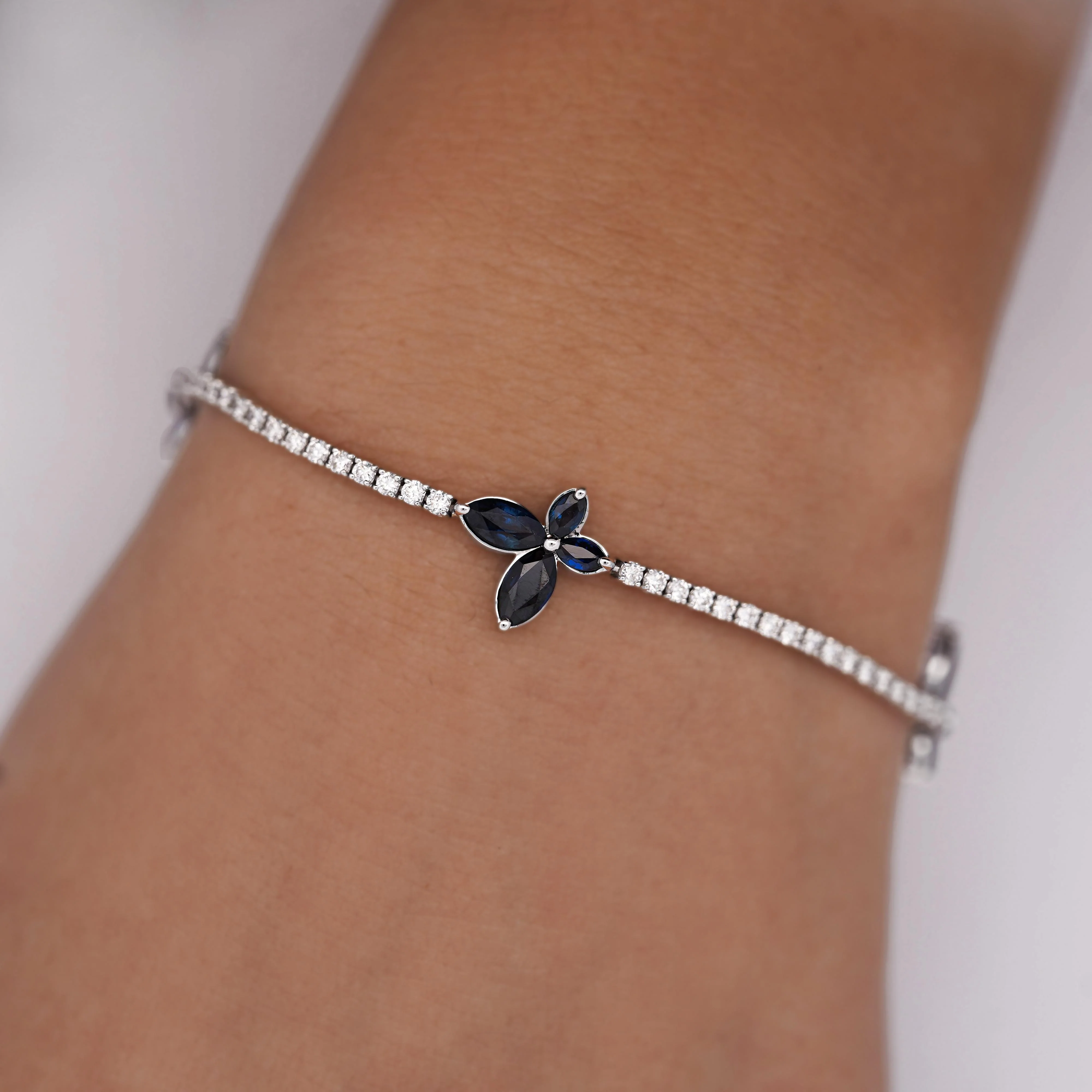 4 Carat Sapphire Butterfly and Diamond 14K White Gold Tennis Bracelet - Image 2