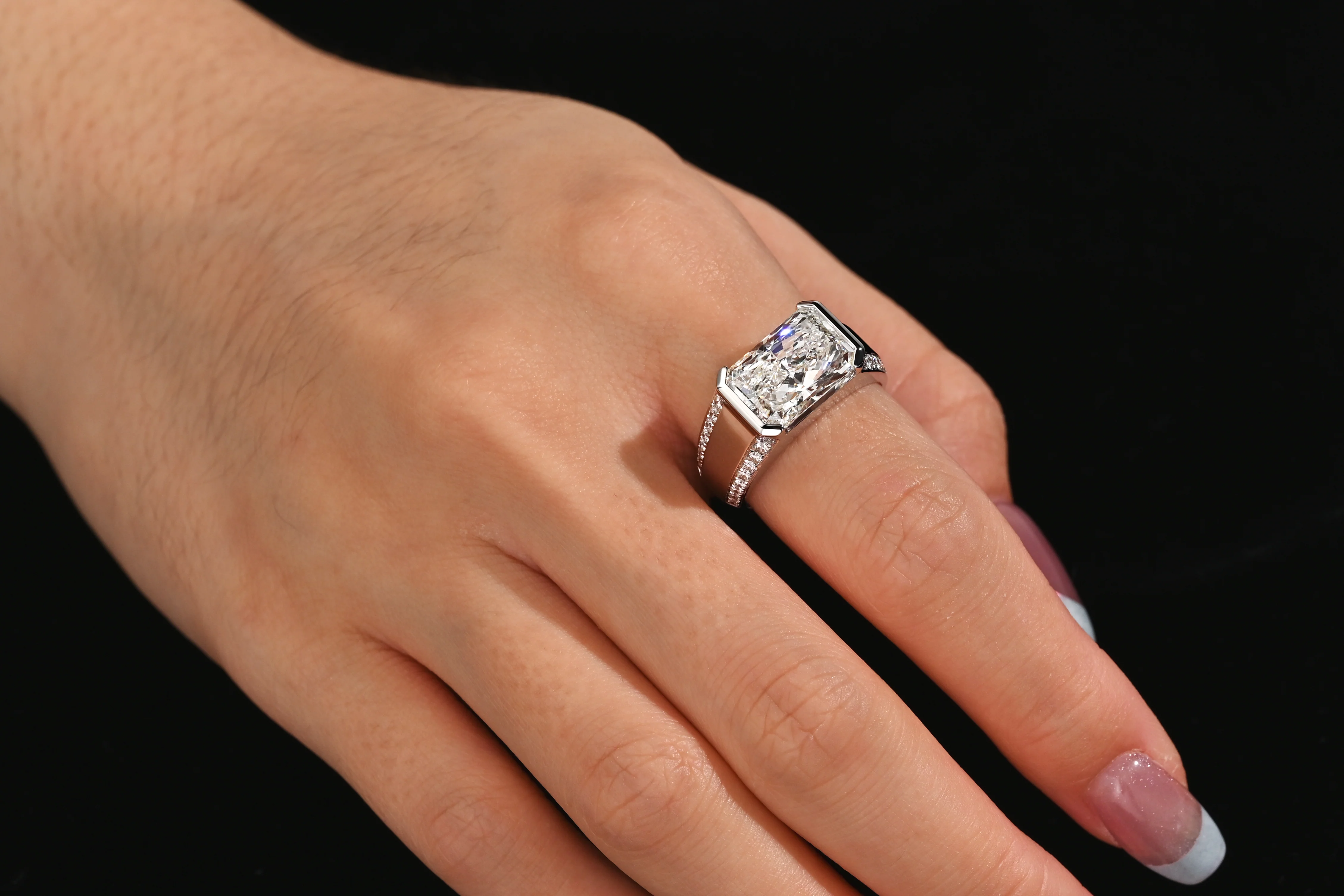5.28 Carat Radiant Cut Vivid Pink Lab Diamond East West Half Bezel Ring - Image 2