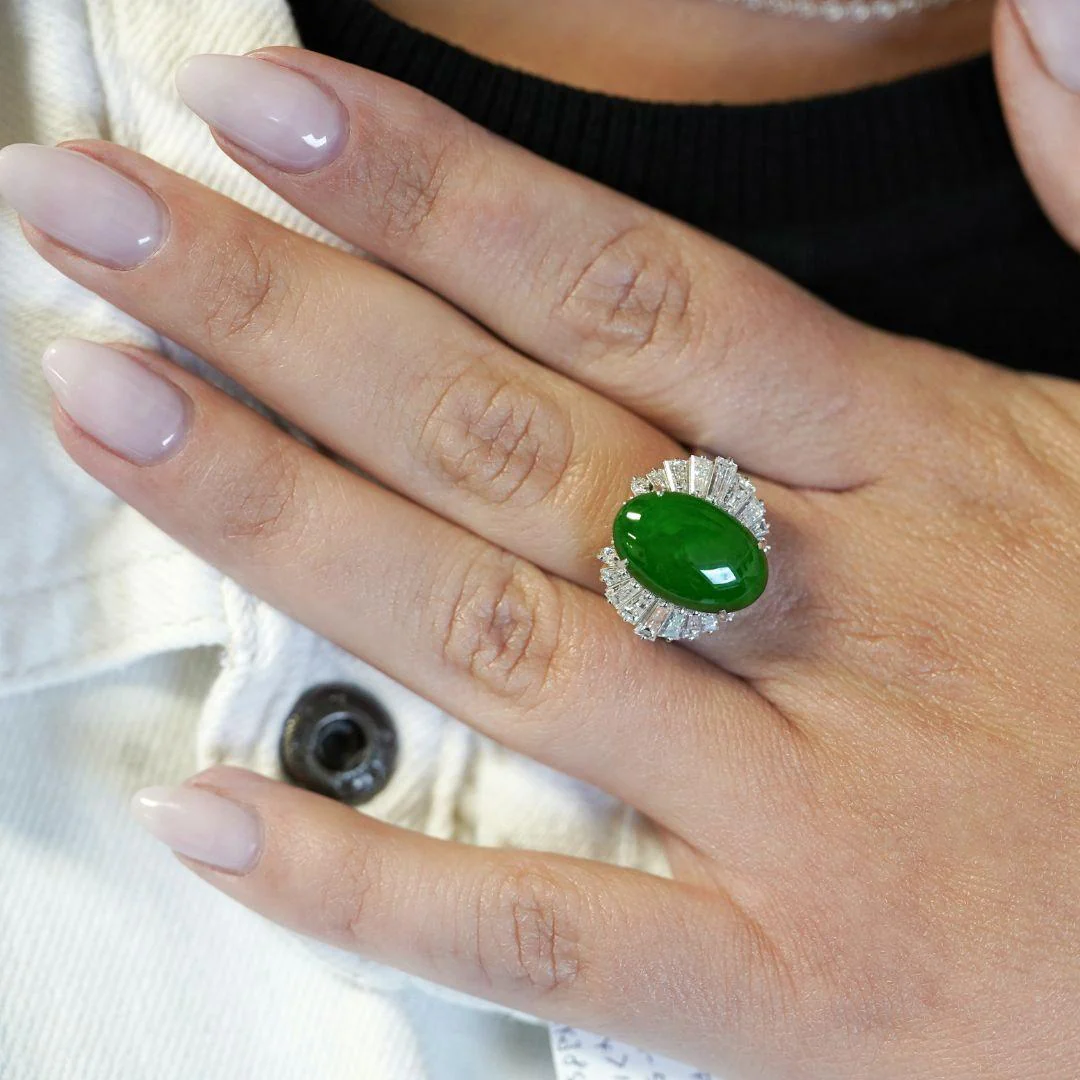 5.32 Carat Natural Jadeite Jade and Diamond Filigree Platinum Ballerina Ring - Image 8
