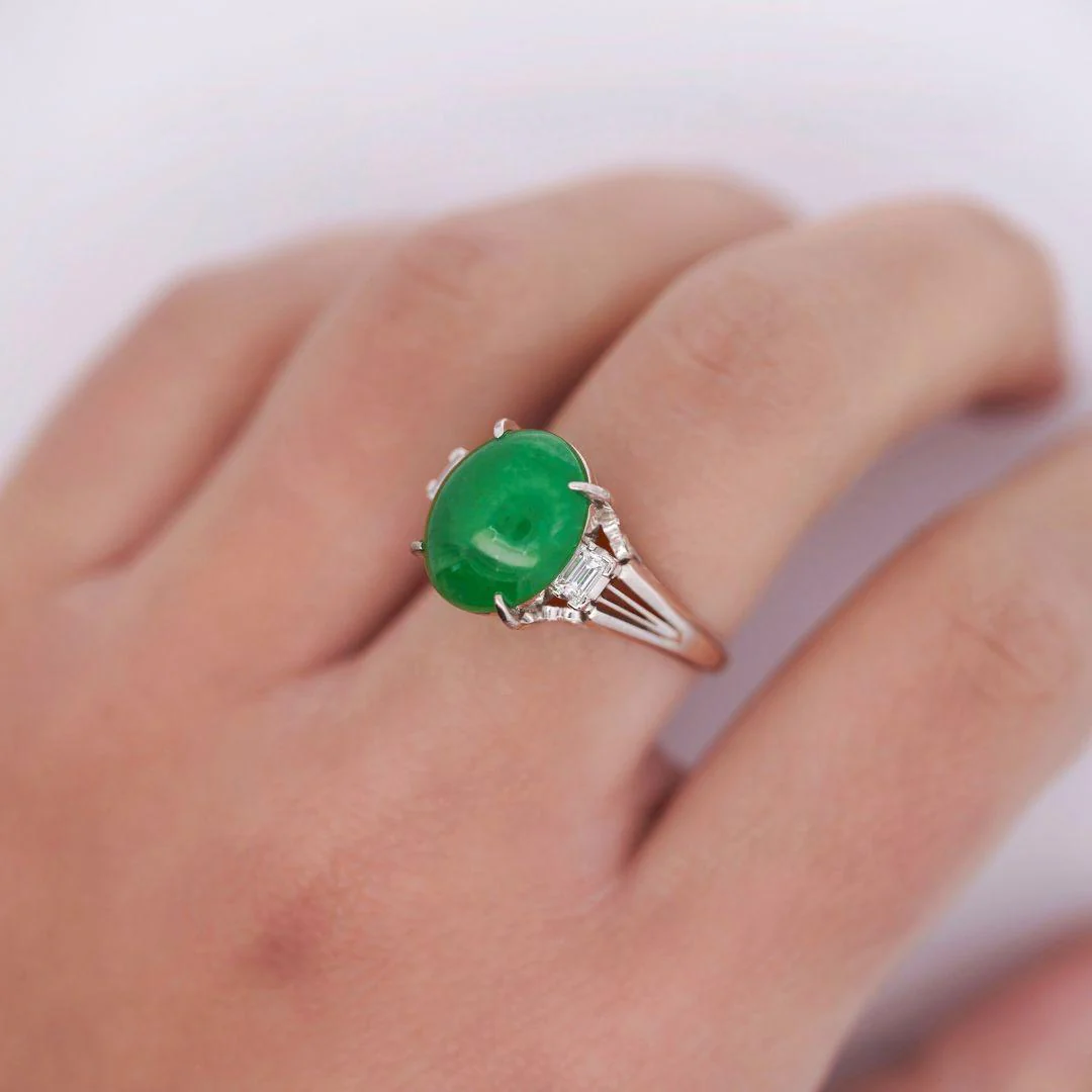 5.87 Carat Grade A Jadeite Jade & Diamond Platinum 3 Stone Ring - Image 2