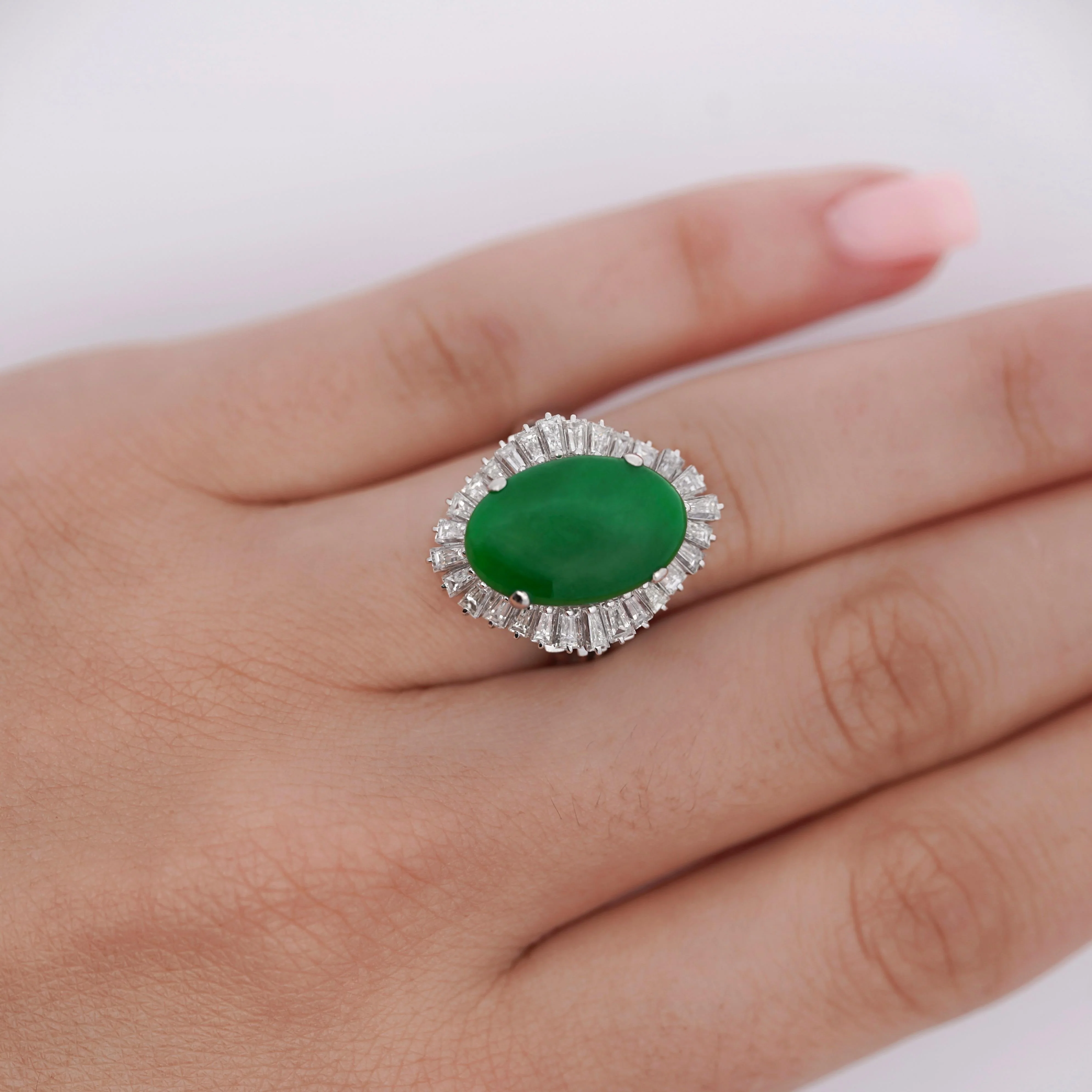 7.50 Carat Untreated Oval Green Jadeite with Baguette Diamonds in Platinum Ring - Image 2