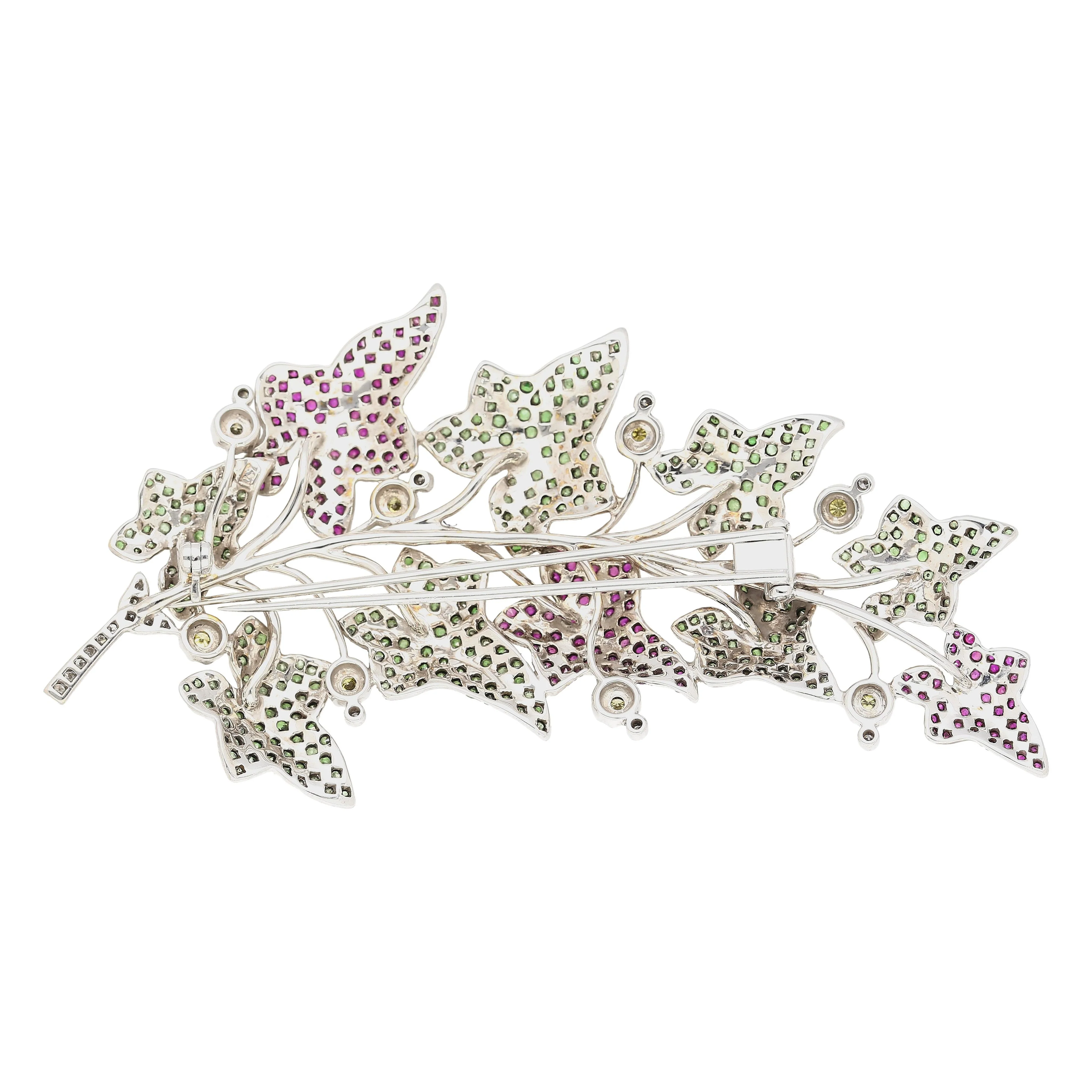 7.8 CTTW Green Tsavorite, Pink Sapphire and Diamond Leafy Vine Brooch - Image 3