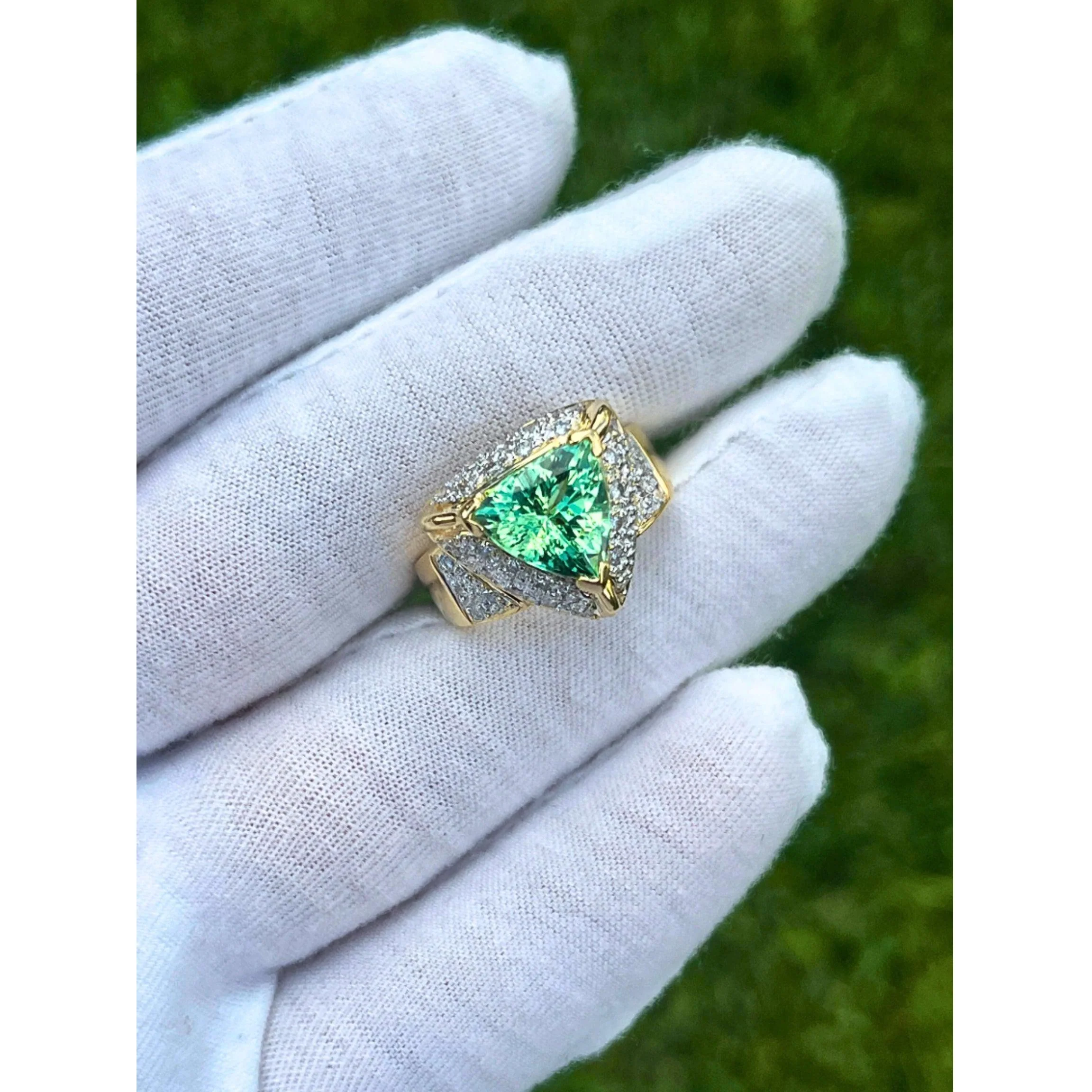 7 Carat Trilliant Cut Watermelon Green Tourmaline with Diamond Sides in 18K Gold 2 Tone Ring - Image 2