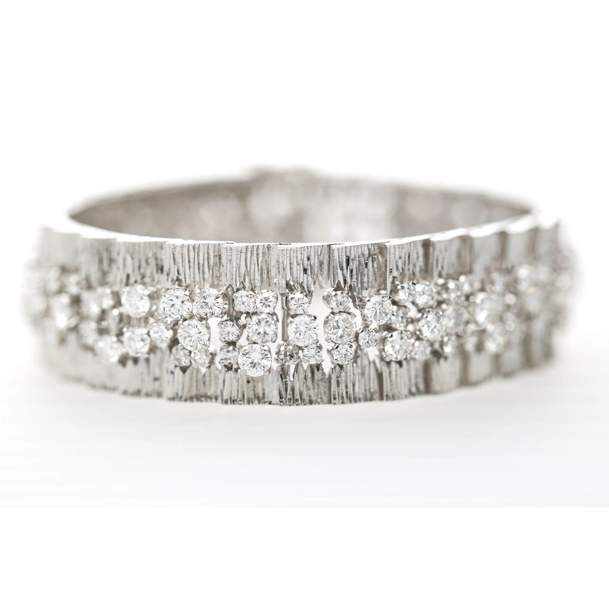 8.50 Carat Round Diamond Three-Row 14K White Gold Bark Texture Wide Bracelet - Image 5
