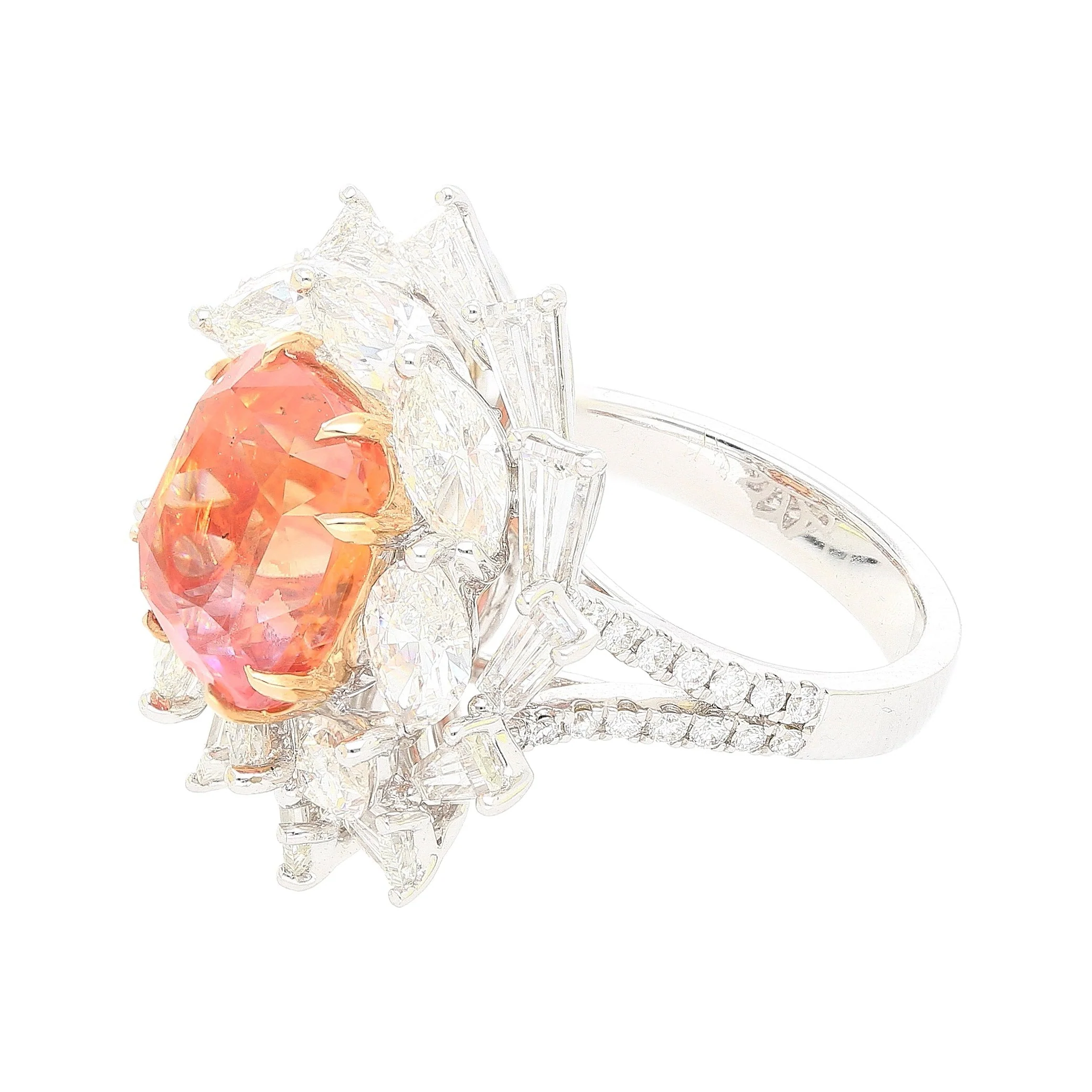 9.10 Carat Ceylon No Heat Padparadscha Pinkish Orange Sapphire and Diamond Ring - Image 4
