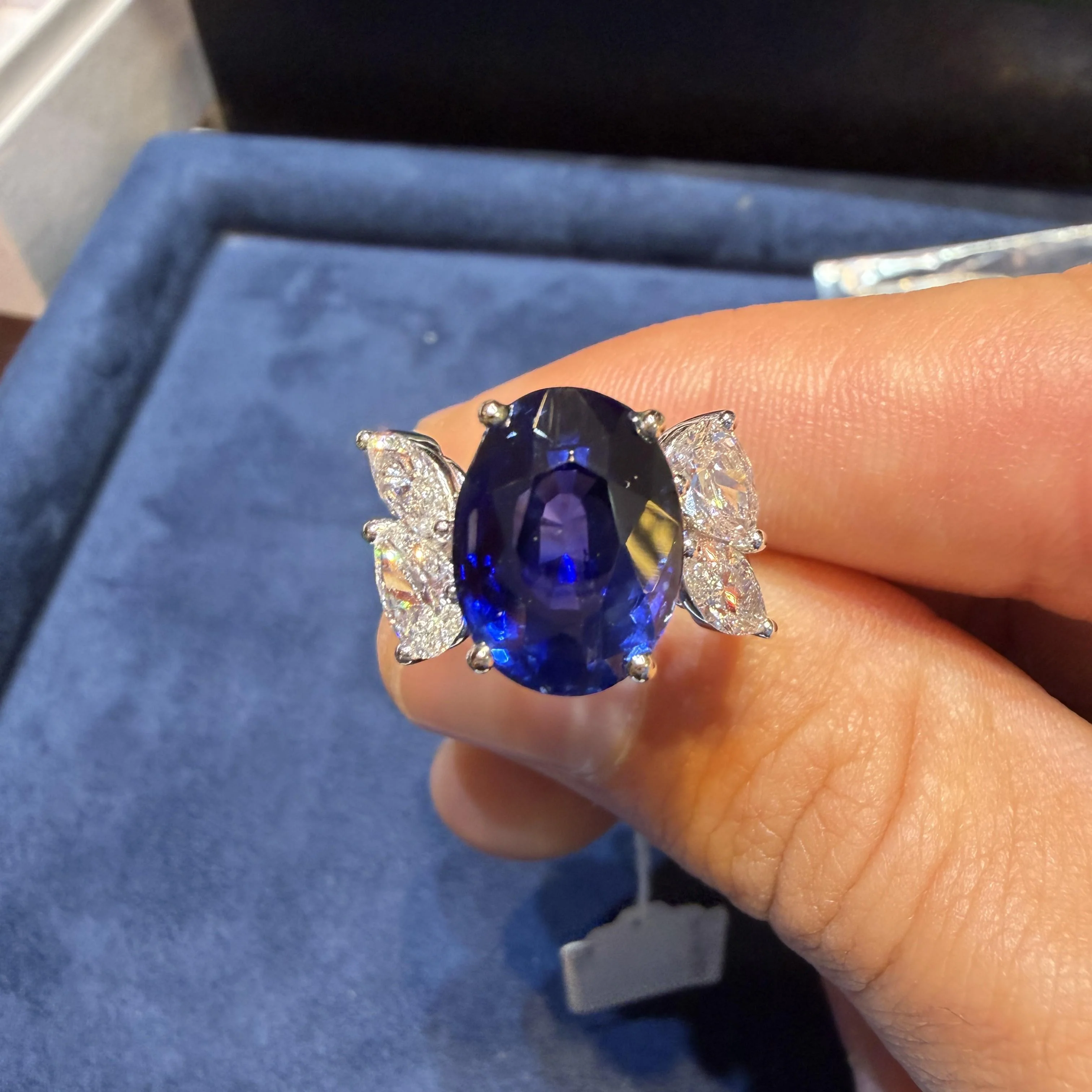 9.5 Carat No Heat Blue Sapphire and Pear Diamond Wing Ring - Image 12