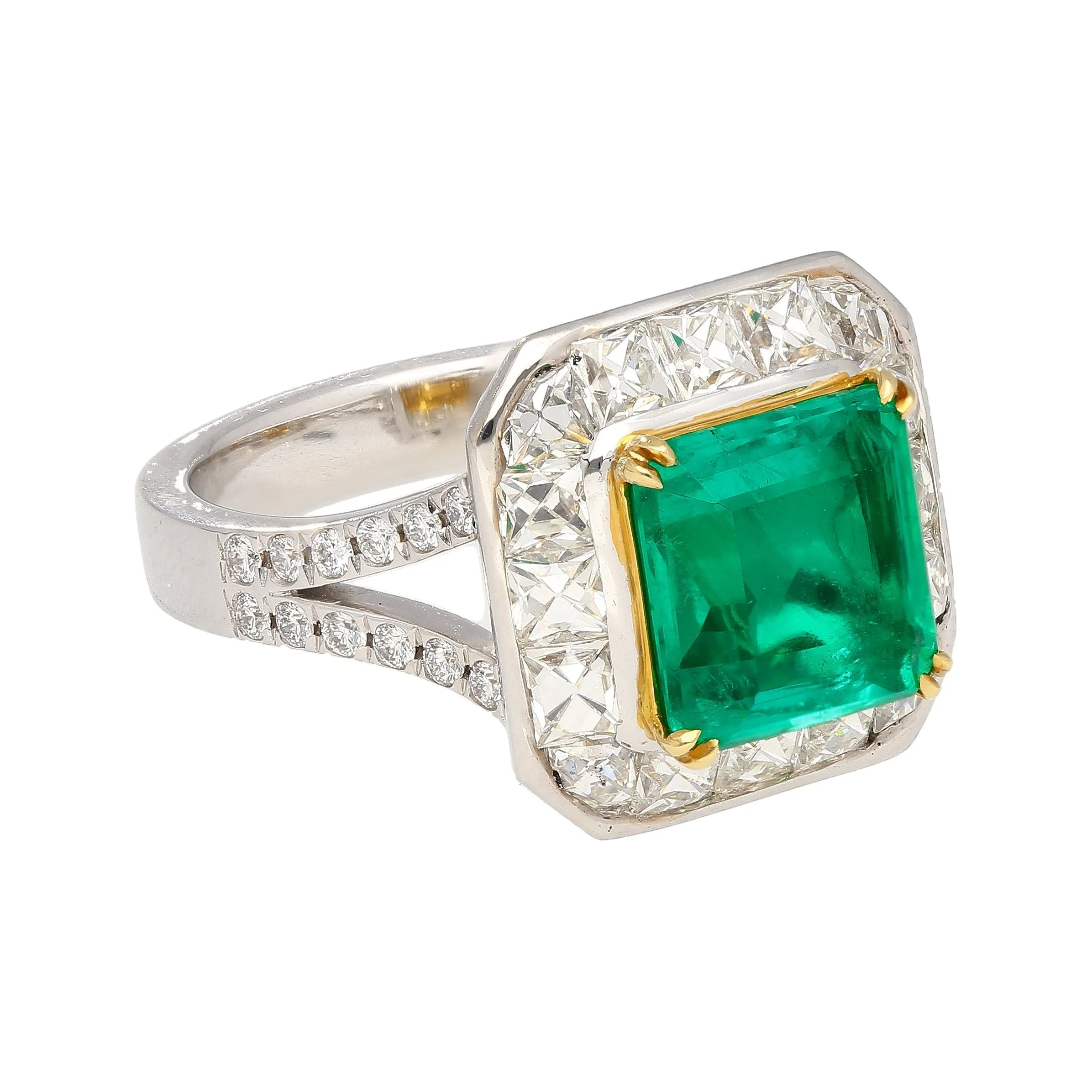 AGL Certified No Oil 2.54 Carat Colombian Emerald and Old French Cut Diamond Ring - Image 4