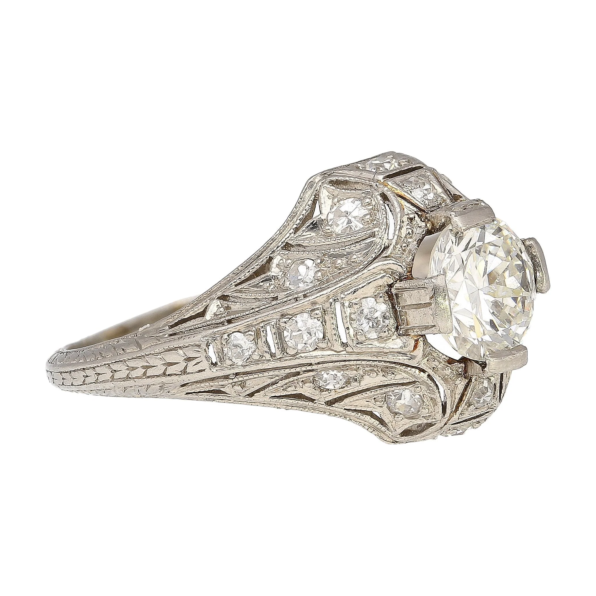 Antique Art Deco Era Platinum 1 Carat Old European Cut Diamond Ring - Image 4