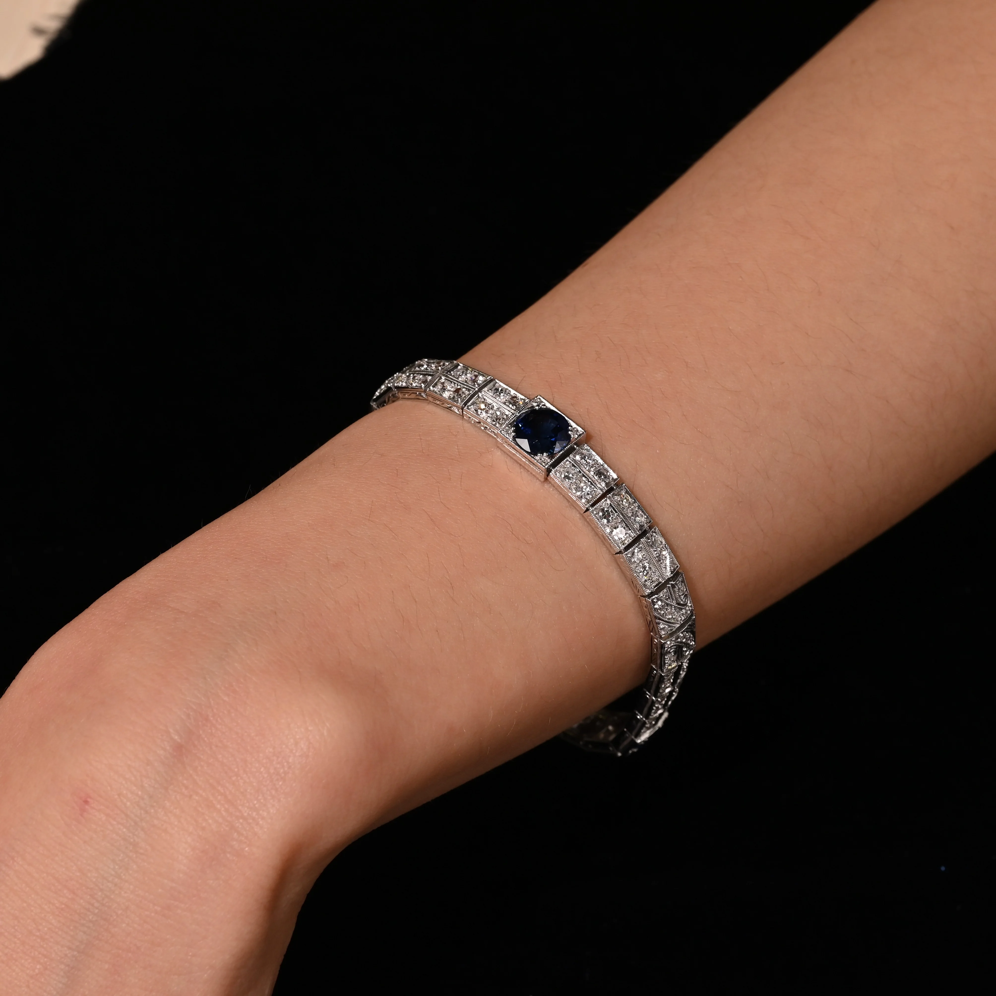 Antique Art Deco Platinum Filigree Blue Sapphire & Diamond Bracelet - Image 12