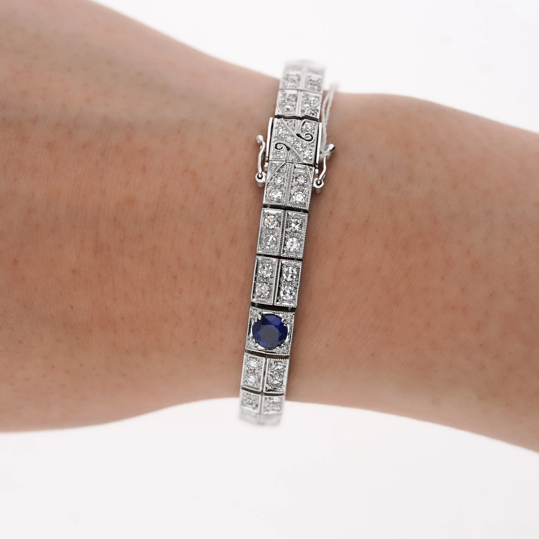 Antique Art Deco Platinum Filigree Blue Sapphire & Diamond Bracelet - Image 9