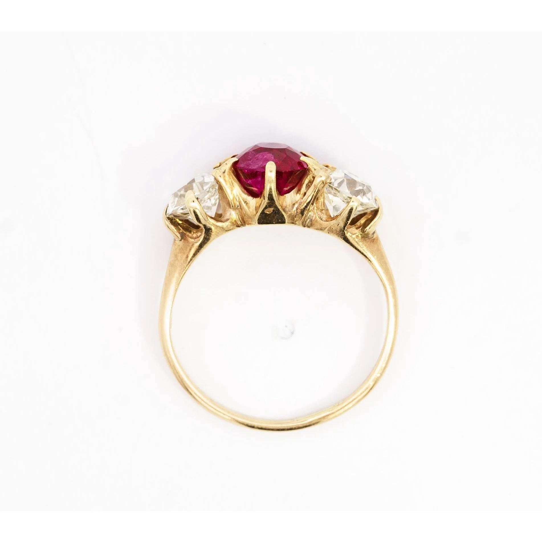 Antique Red Spinel and Old Mine Diamond 14K Yellow Gold Three-Stone Ring - Image 2