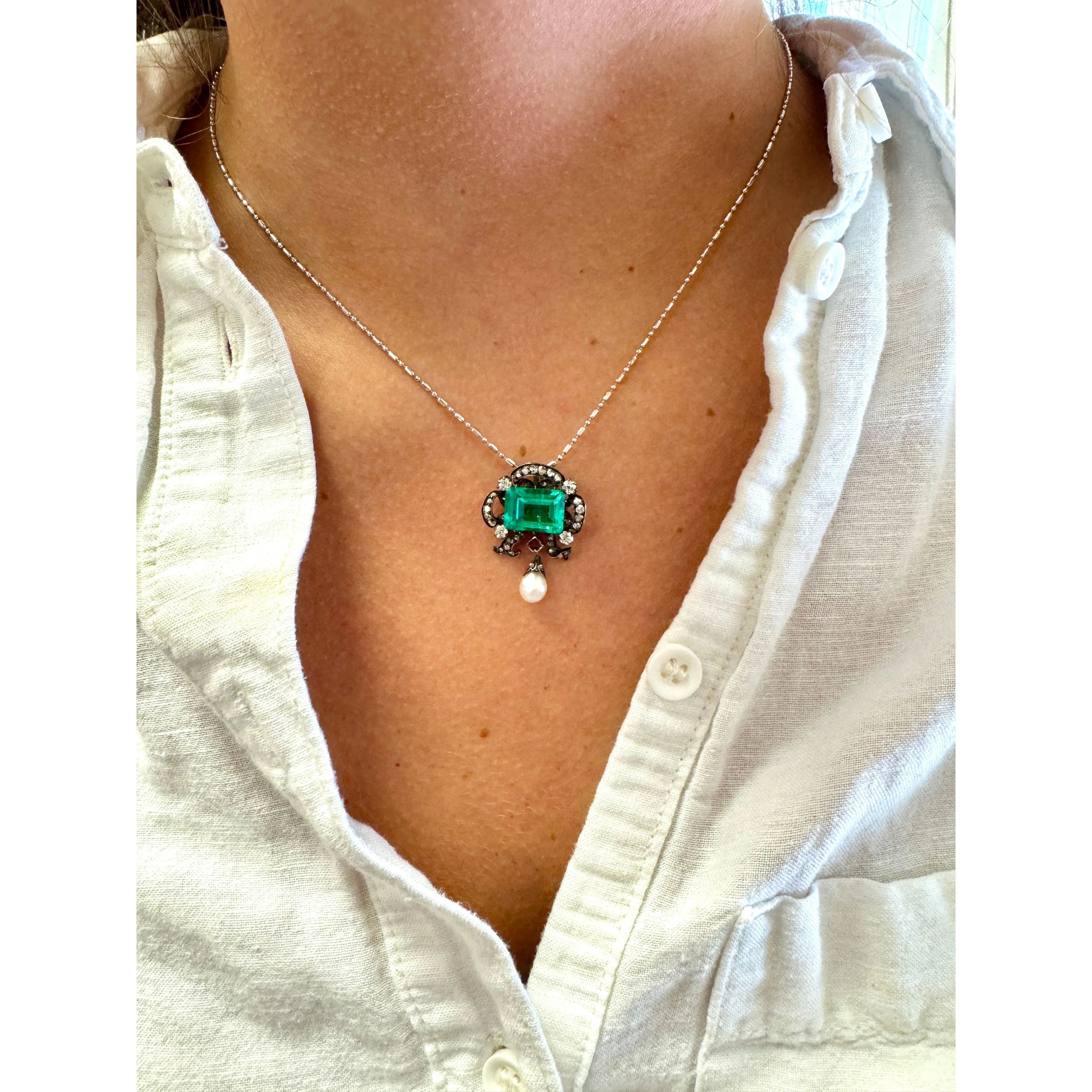 Antique Victorian Colombian Emerald, Pearl, & Old Mine Diamond Pendant Circa 1880 - Image 10