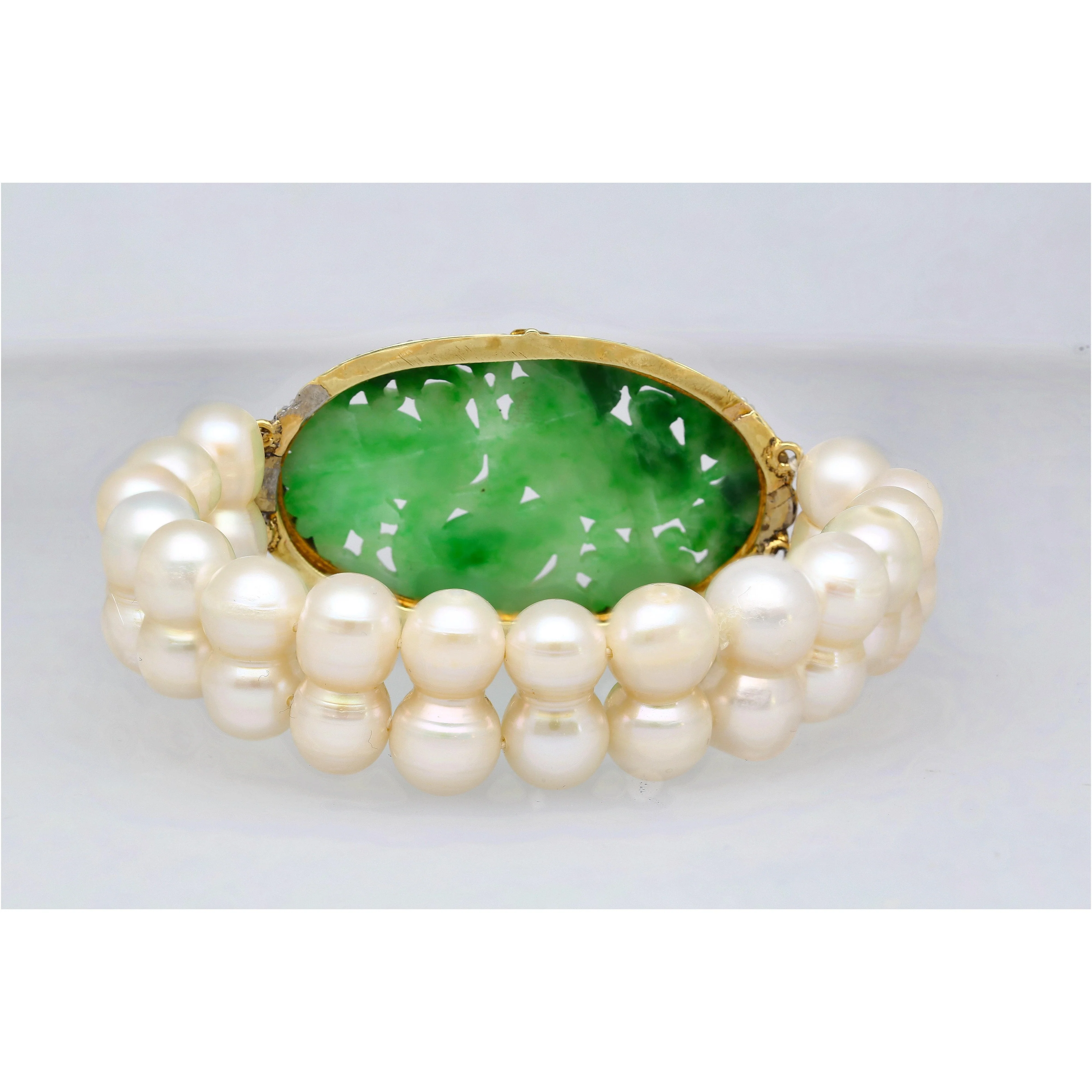 Antique Yellow Gold with Carved Jade and Pearl Pin Bracelet - Image 6