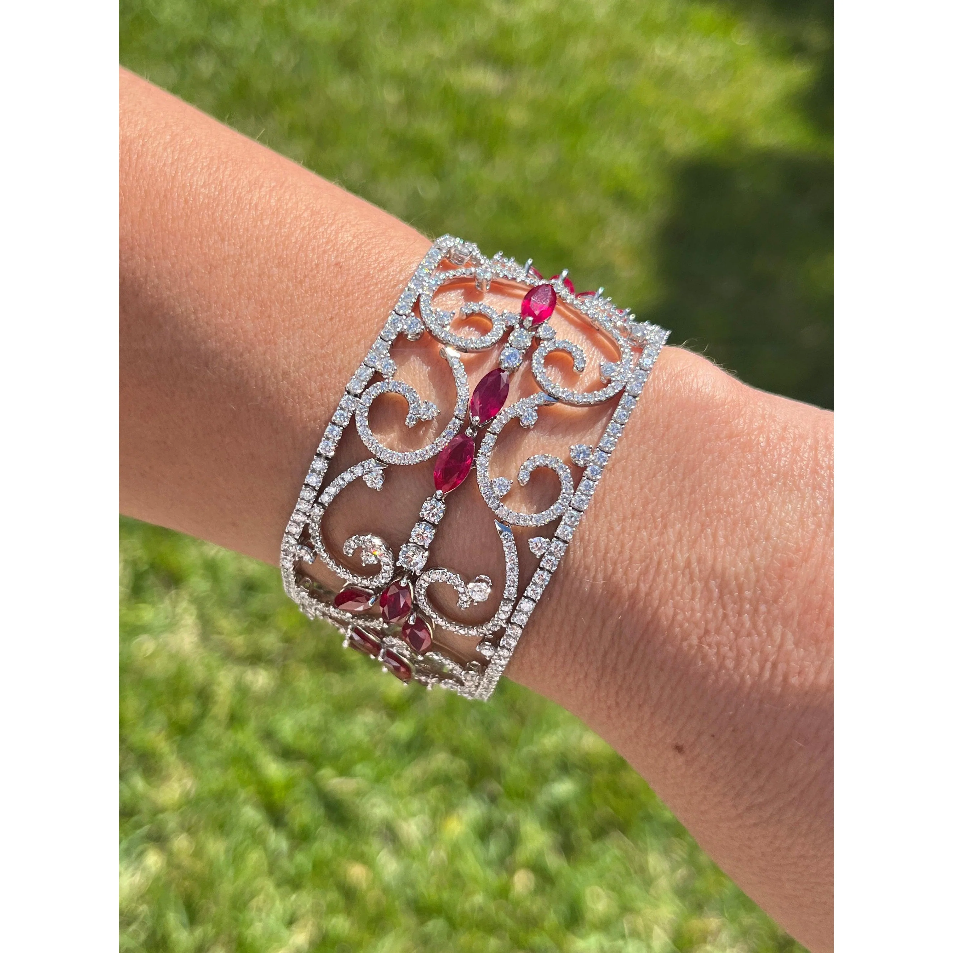 Art Deco 35 Carat Ruby & 11 Carat Diamond Filigree Floral Motif Bracelet in 18K White Gold - Image 8
