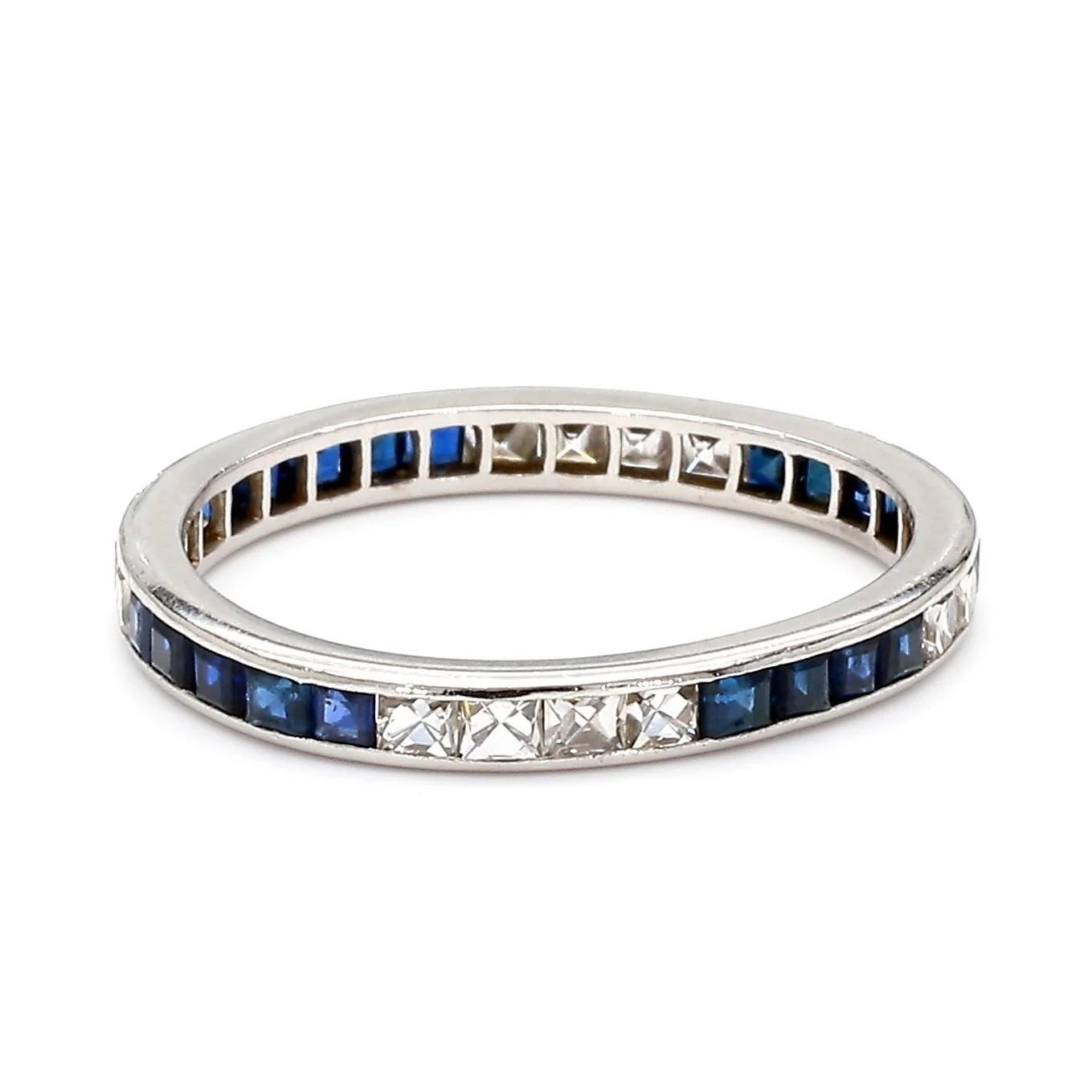 Art Deco French Cut Diamond & Sapphire Platinum Full Eternity Wedding Band Ring - Image 7