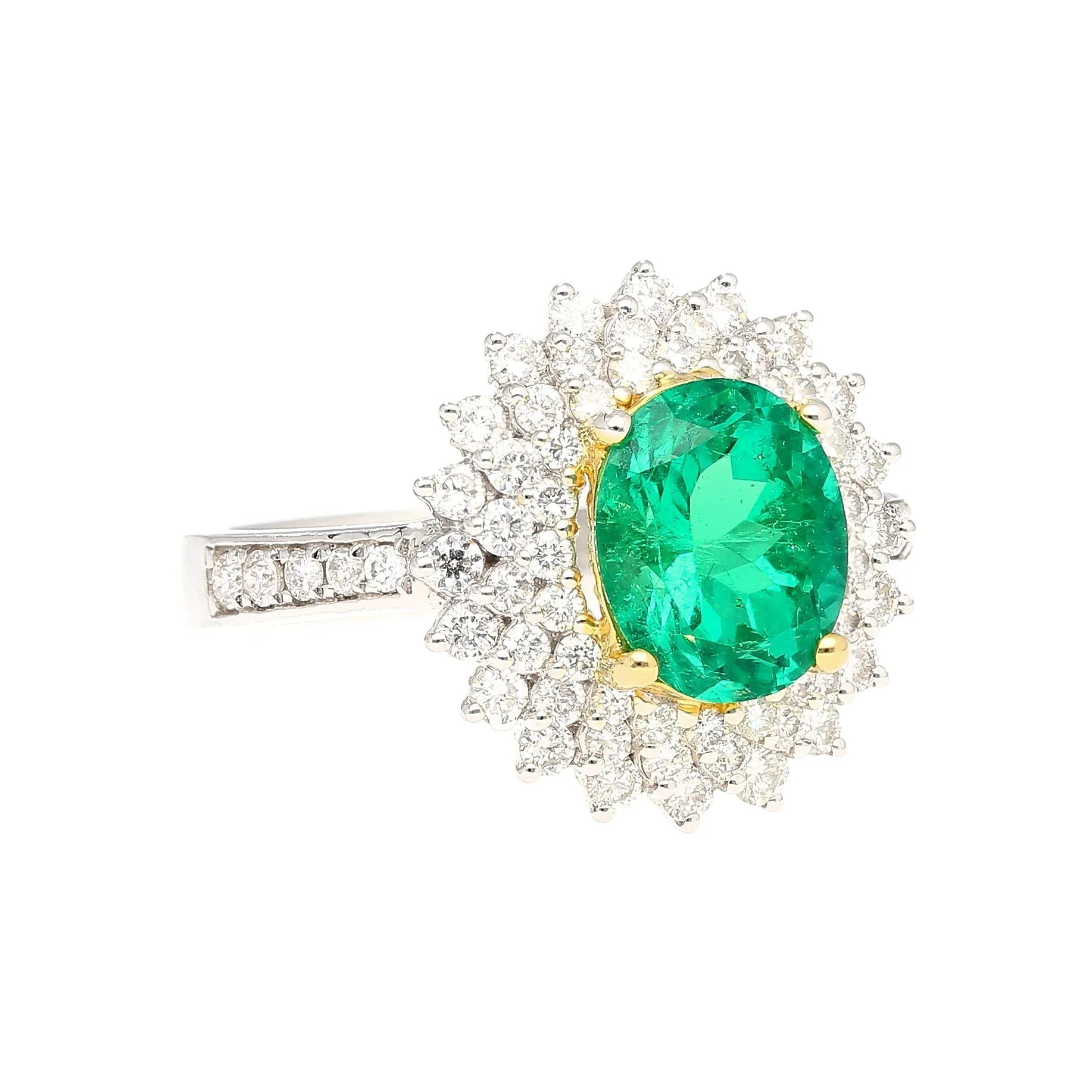 GIA Certified 1.76 carat Minor Oil Oval Colombian Emerald & Diamond Halo Ring in 18K - Image 2
