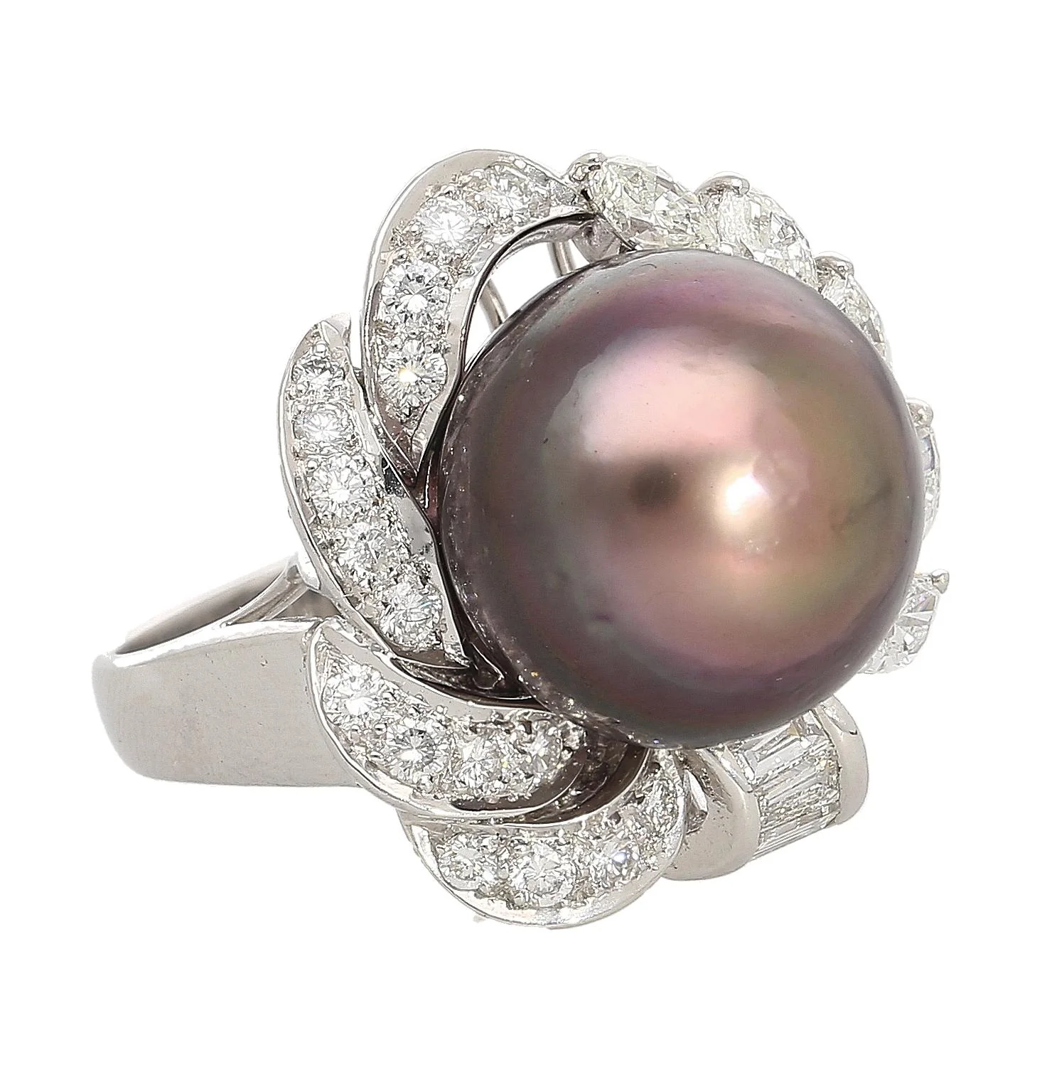 Black South Sea Pearl & Diamond 18K White Gold Floral Cluster Ring - Image 2