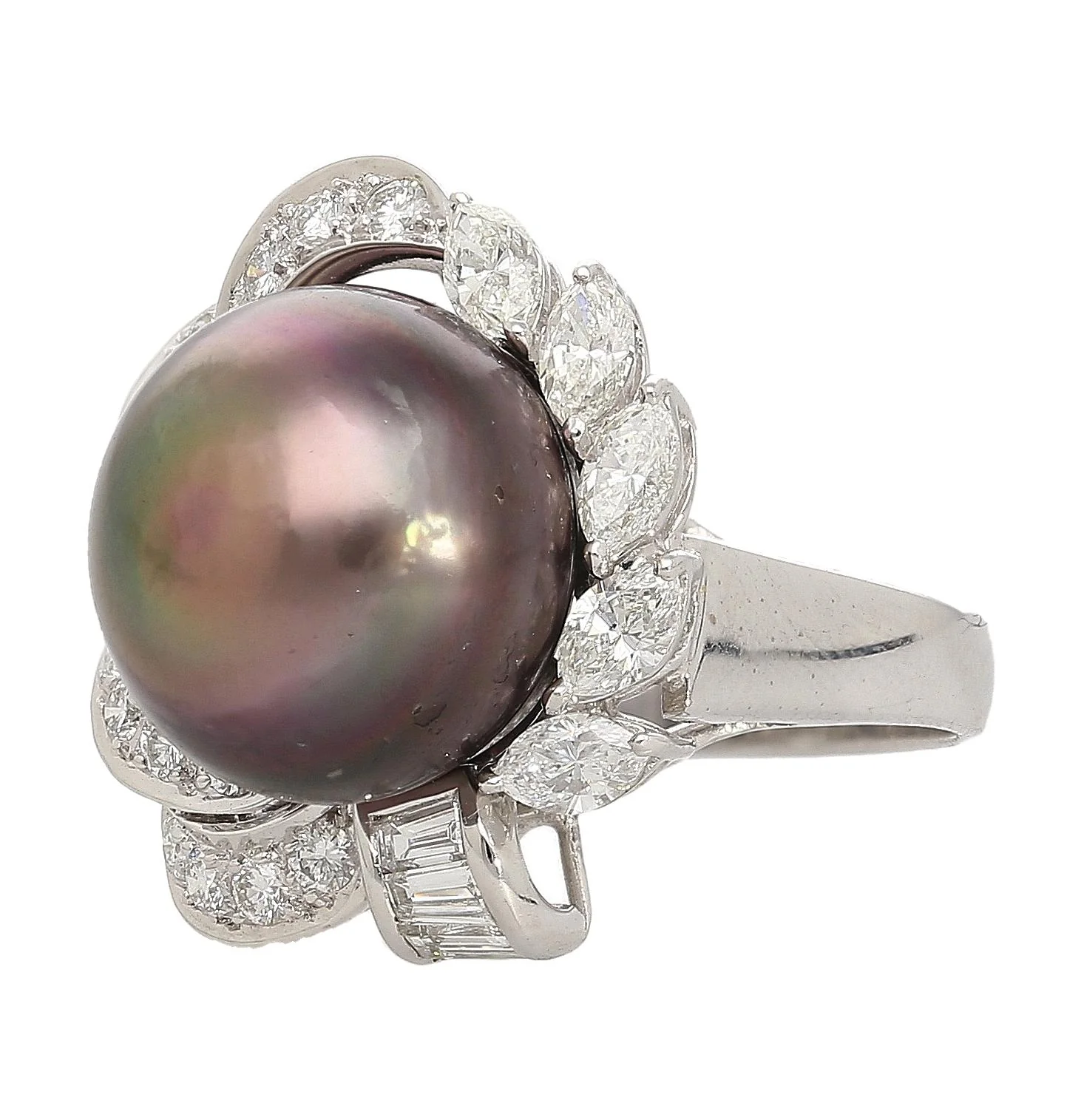 Black South Sea Pearl & Diamond 18K White Gold Floral Cluster Ring - Image 3
