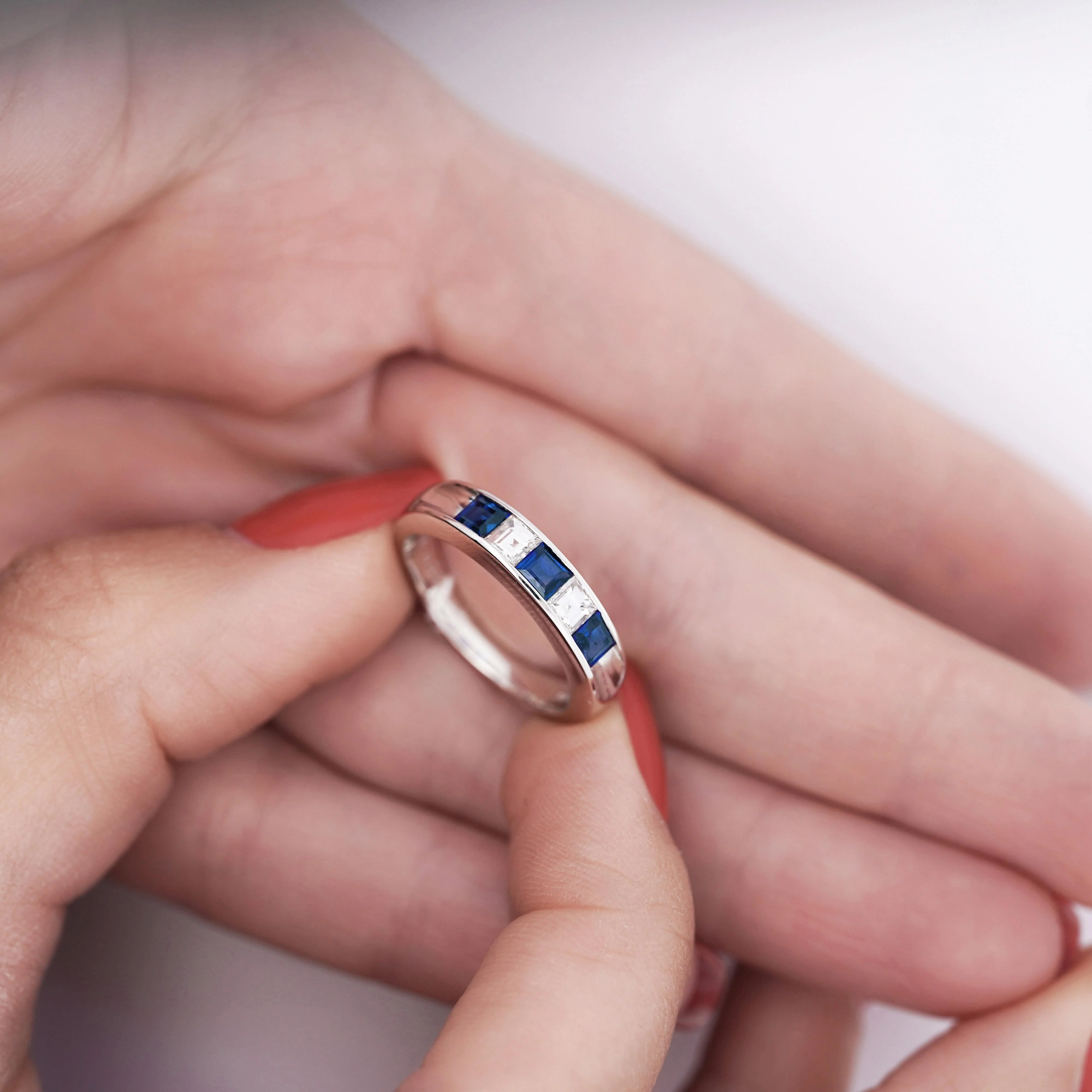 Blue Sapphire and Diamond Platinum Channel Set 4mm Band Ring - Image 4